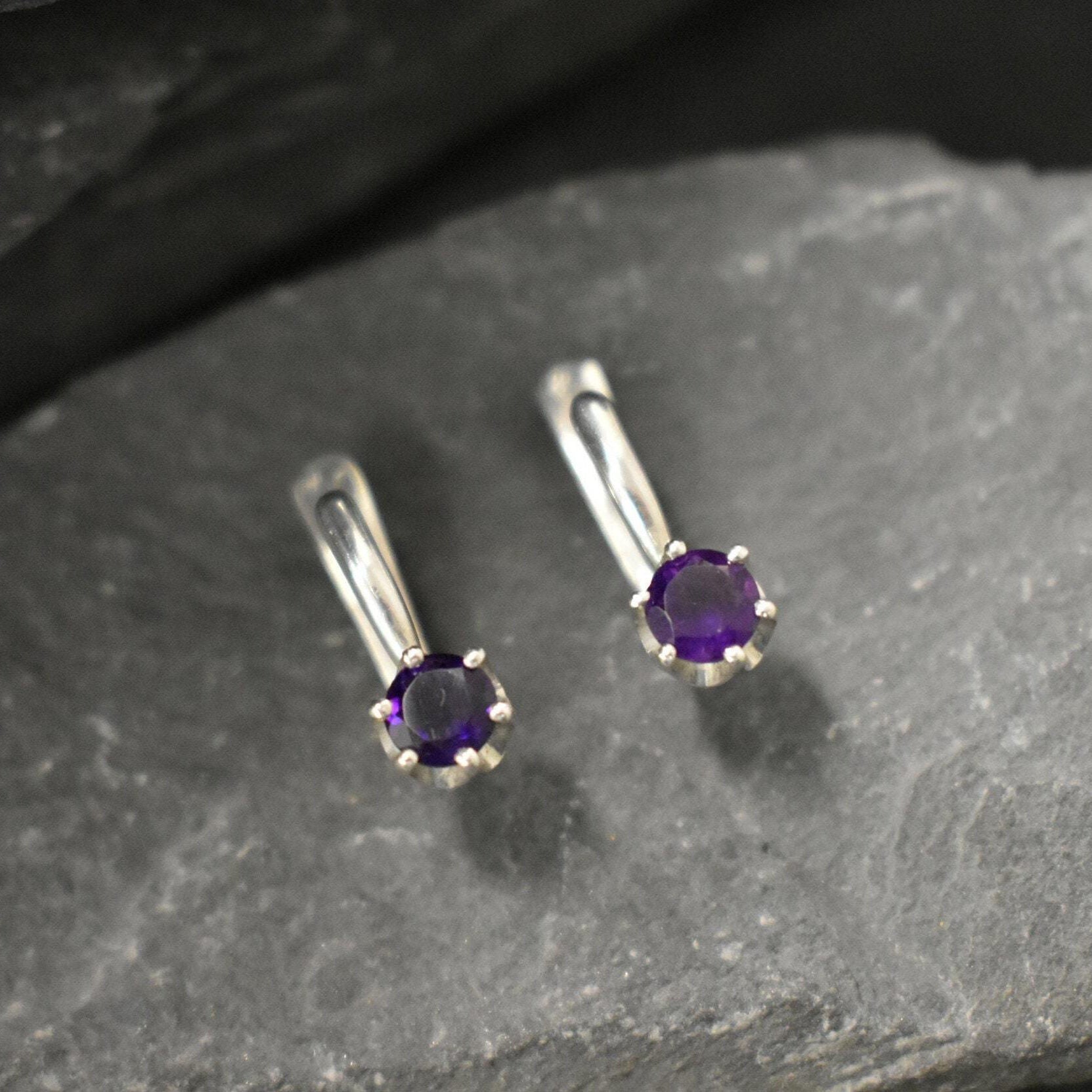 Dark Amethyst Earrings, Natural Amethyst, February Birthstone, Dainty Purple Studs, Purple Diamond Studs, Vintage Earrings, Amethyst, Silver