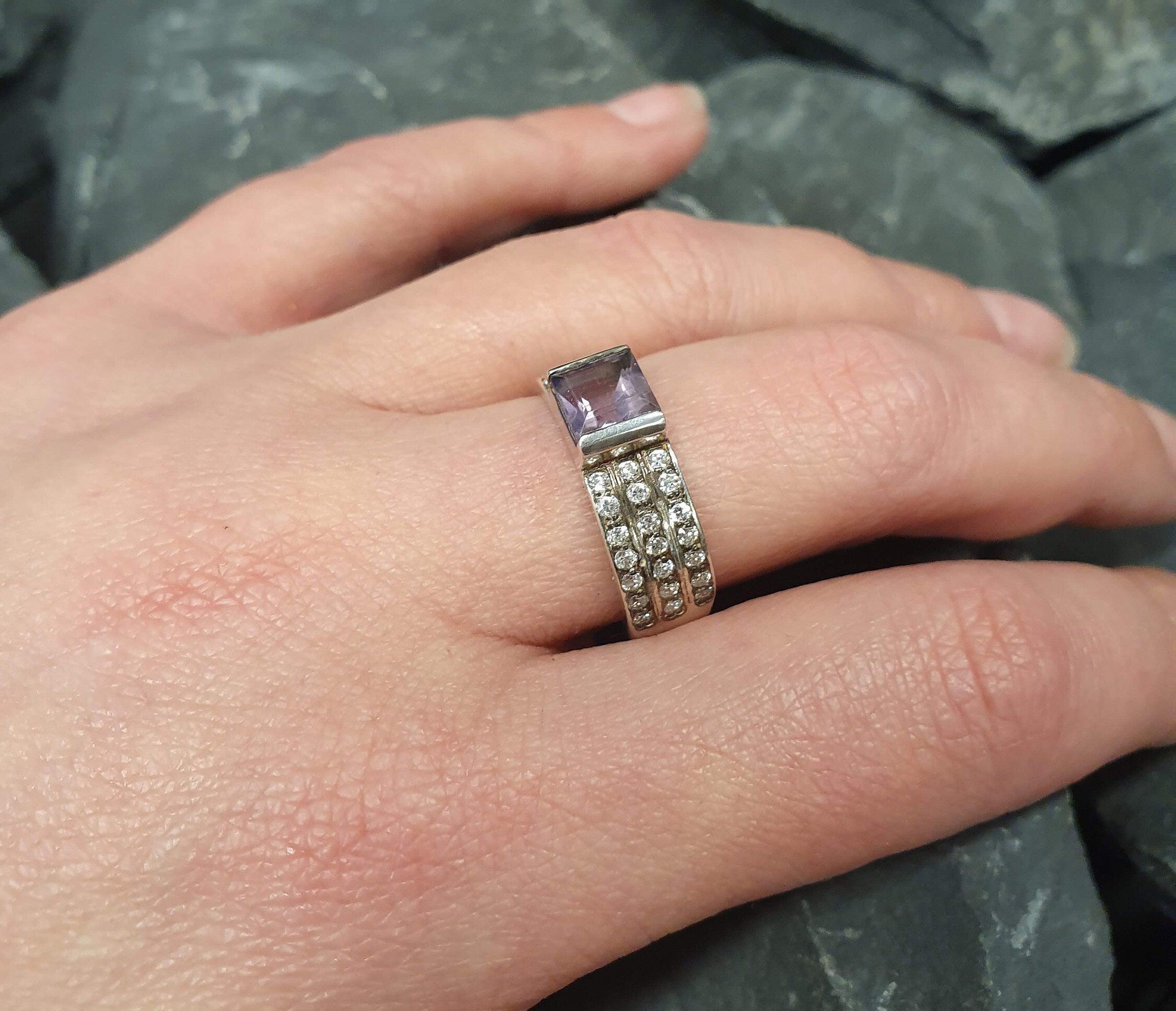 Amethyst Square Ring, Natural Amethyst, Thick Triple Band, February Birthstone, Vintage Band, Purple Ring, Sturdy Band, Sterling Silver Ring