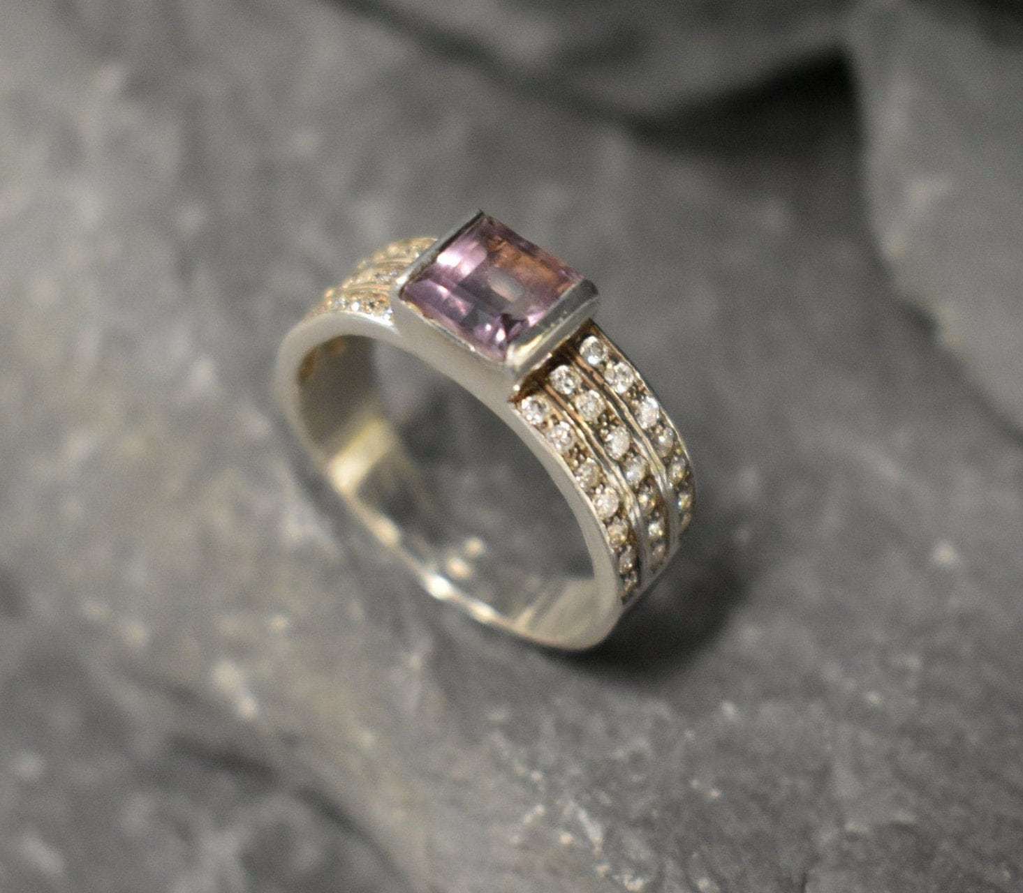 Amethyst Square Ring, Natural Amethyst, Thick Triple Band, February Birthstone, Vintage Band, Purple Ring, Sturdy Band, Sterling Silver Ring