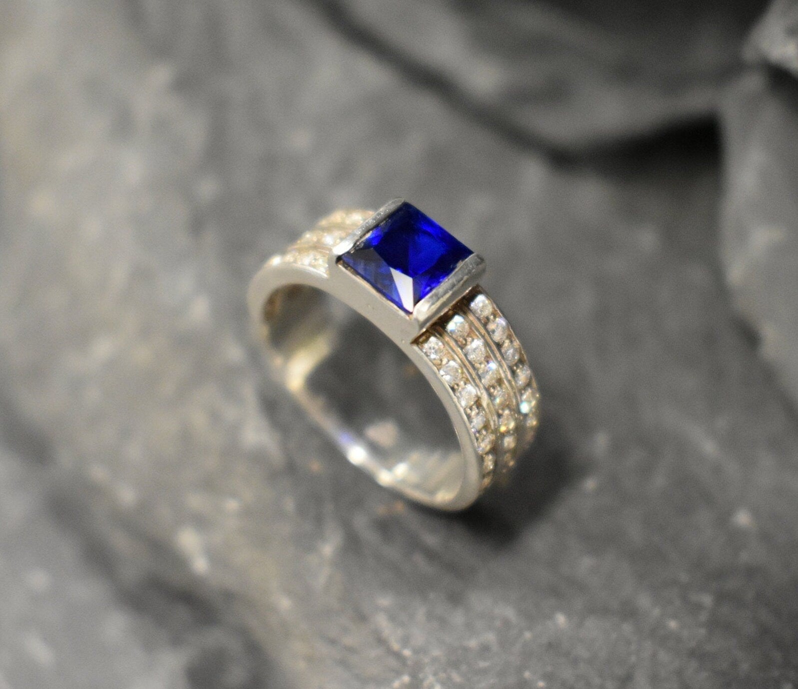 Created Sapphire Ring made in 925 Sterling Silver with Square Created Blue Sapphire in Bezel setting, September Birthstone gift idea, symbolizes sincerity, truth, and faithfulness, ideal for everyday wear and perfect for birthday gifting and special occasions.
