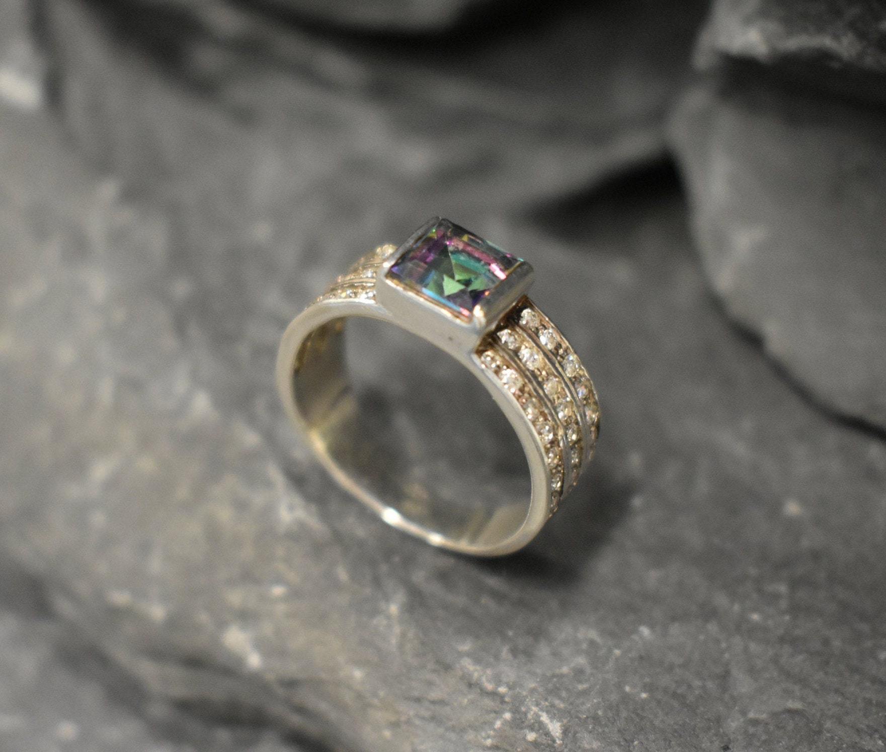 Mystic Topaz Ring, Natural Mystic Topaz, Thick Triple Band, Vintage Ring, Purple Diamond Ring, Sturdy Band, Purple Ring, Solid Silver Ring