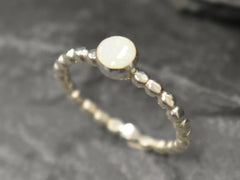 White Opal Bezel Bubble Band – Classic October Birthstone Ring – Sterling Silver Fire Color Band