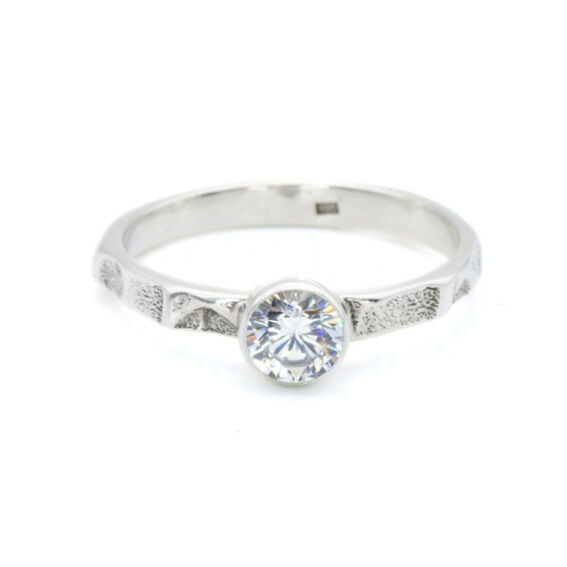 Hammered Diamond Ring, Created CZ Diamond, Stackable Ring, Dainty Ring, Solitaire Ring, Vintage Ring, Dark Hammered Band, Solid Silver Ring