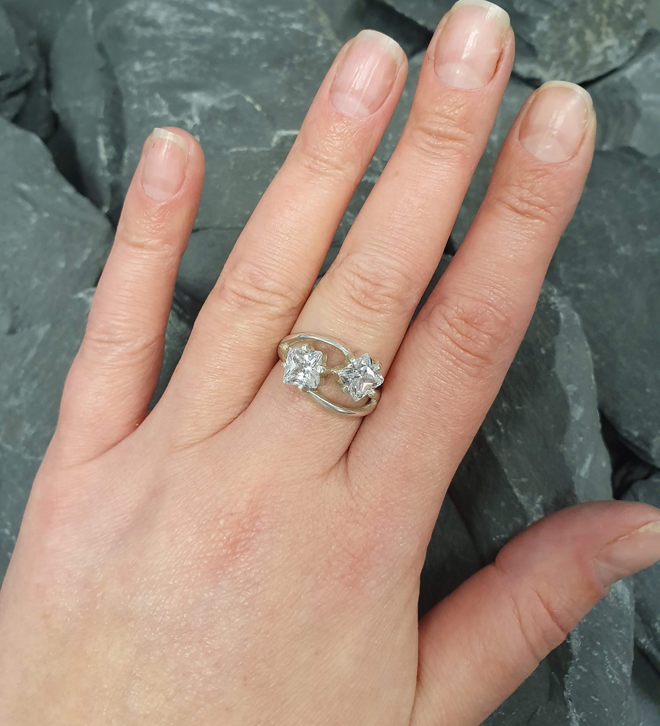 Square Diamond Ring, Created CZ Diamond, Bypass Ring, Two Stone Ring, Asymmetric Ring, Sparkly Ring, Double Band Ring, Sterling Silver Ring