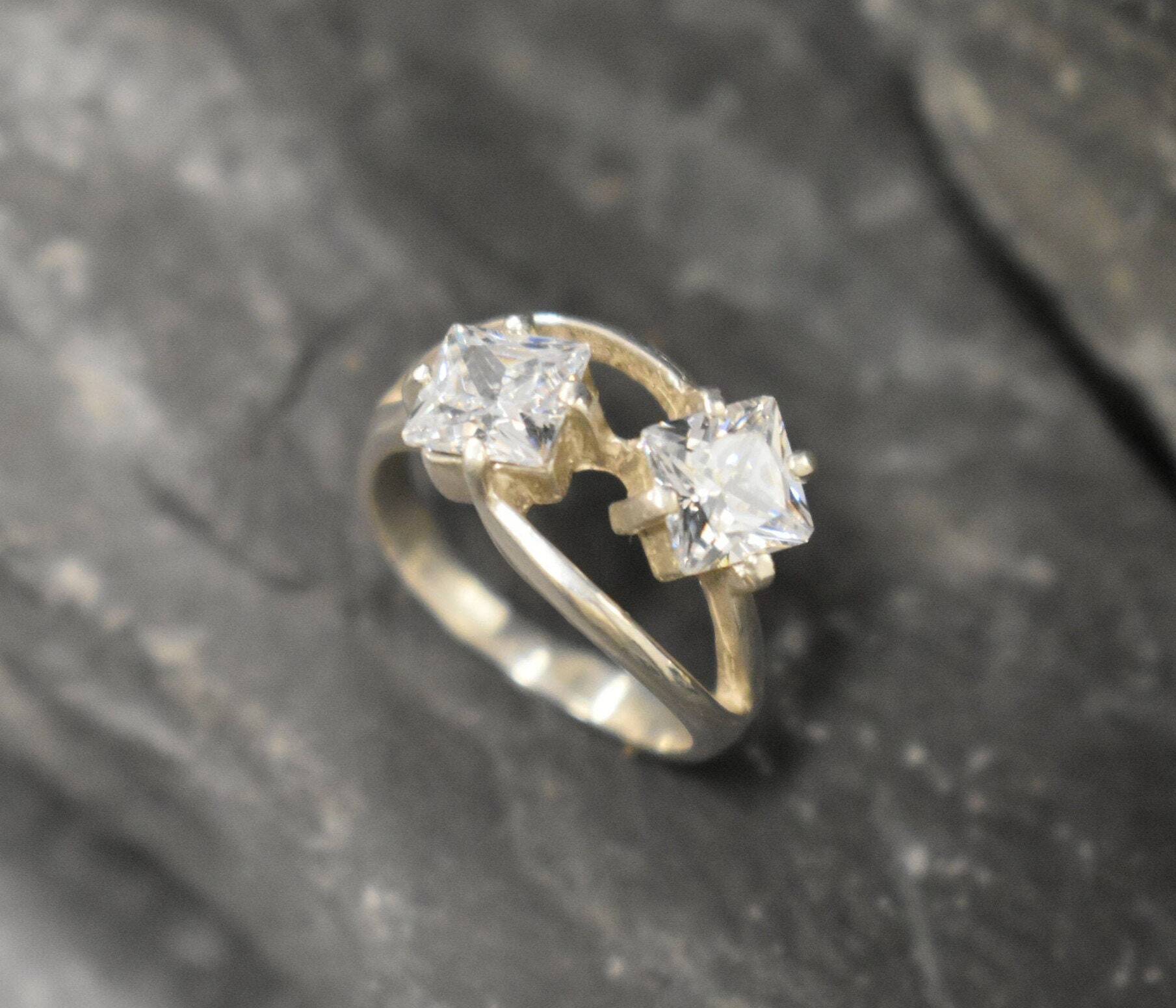Square Diamond Ring - Two Stone Ring - Sparkly Diamond Ring