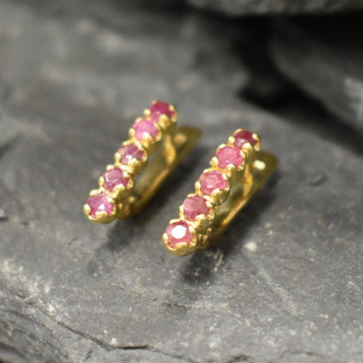 Natural Ruby Earrings made in 18k Gold Vermeil with Round Natural Red Ruby in Channel-Set setting, July Birthstone gift idea, symbolizes nobility, purity, and passion, ideal for everyday wear and perfect for birthday gifting and special occasions.