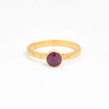 Elegant 18k Gold Vermeil ring featuring a vibrant round natural ruby, a stunning July birthstone gift for special occasions.