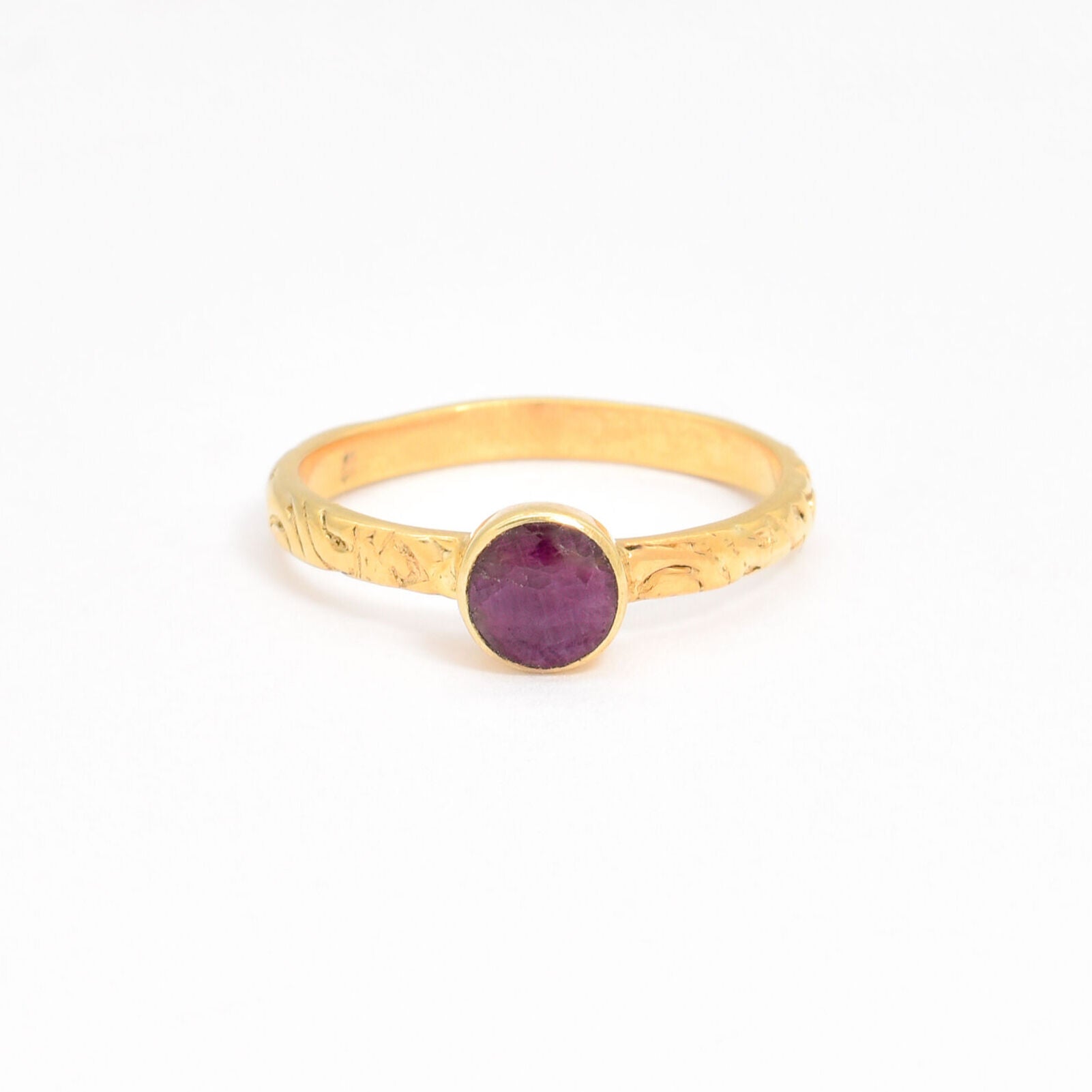 Elegant 18k Gold Vermeil ring featuring a vibrant round natural ruby, a stunning July birthstone gift for special occasions.