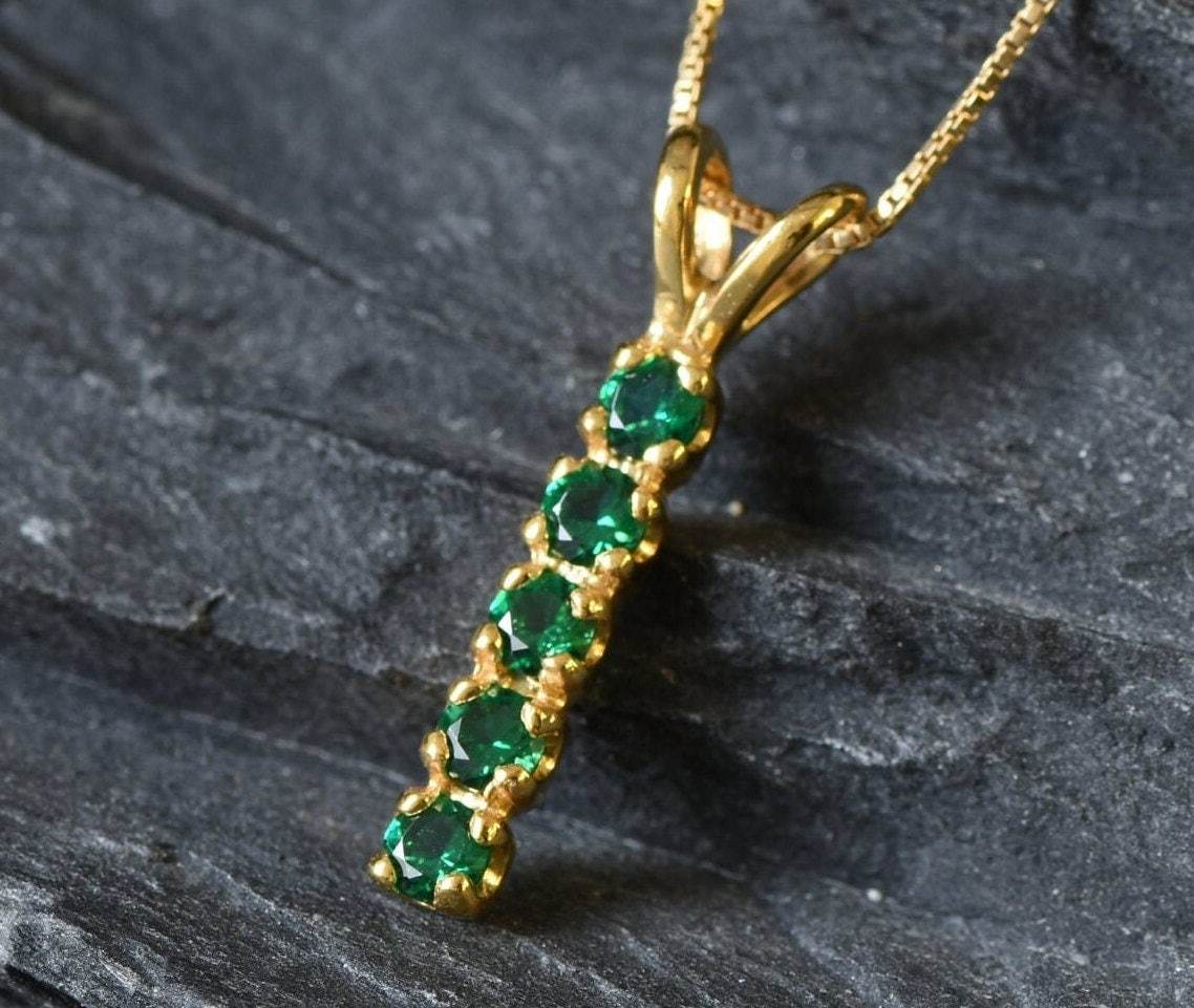 Created Emerald Pendant made in 18k Gold Vermeil with Round Created Green Emerald in Channel-Set setting, May Birthstone gift idea, symbolizes, ideal for everyday wear and perfect for birthday gifting and special occasions.