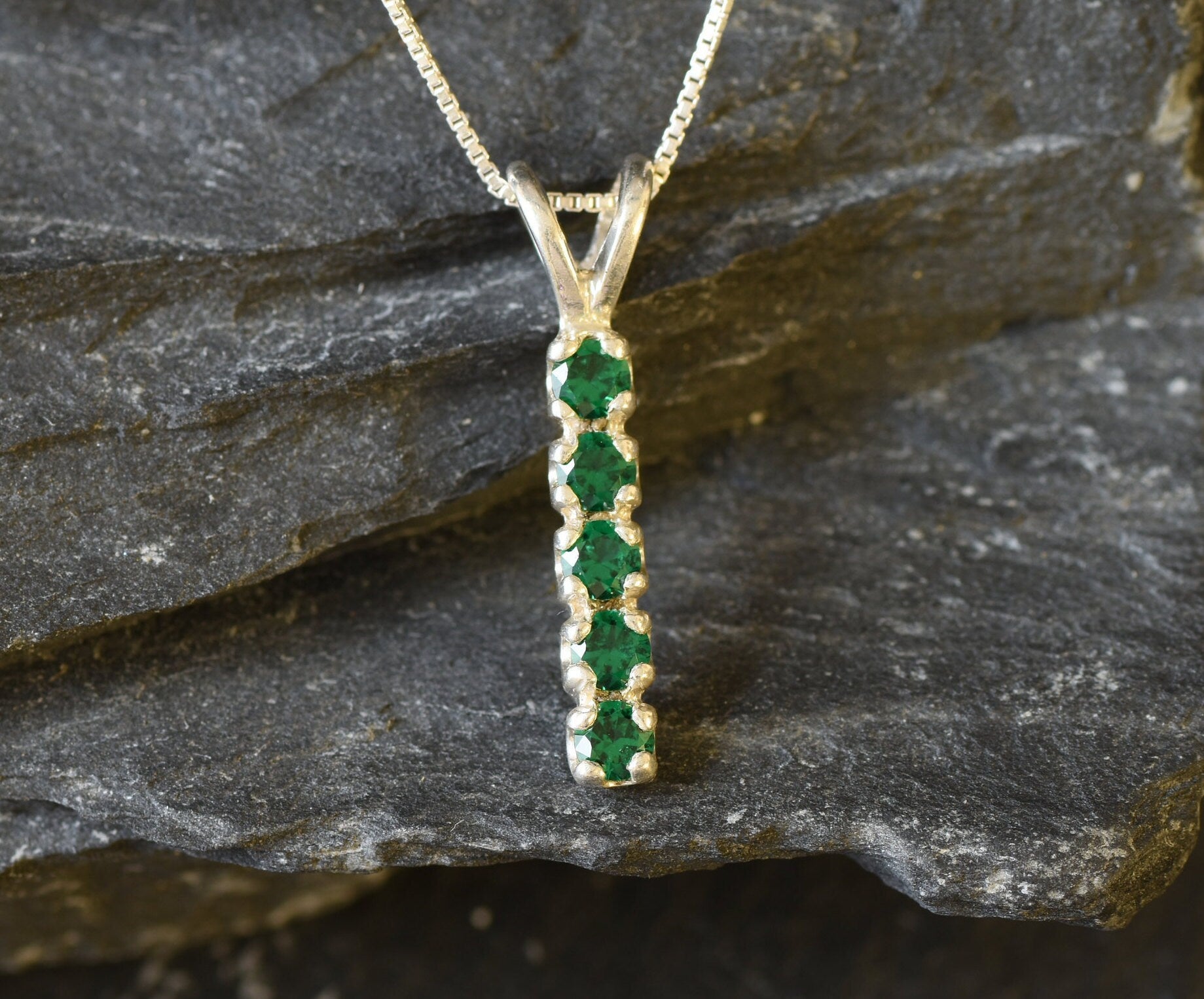 Elegant 925 Sterling Silver Emerald Pendant featuring a Round Created Green Emerald, perfect for May birthdays and special occasions.