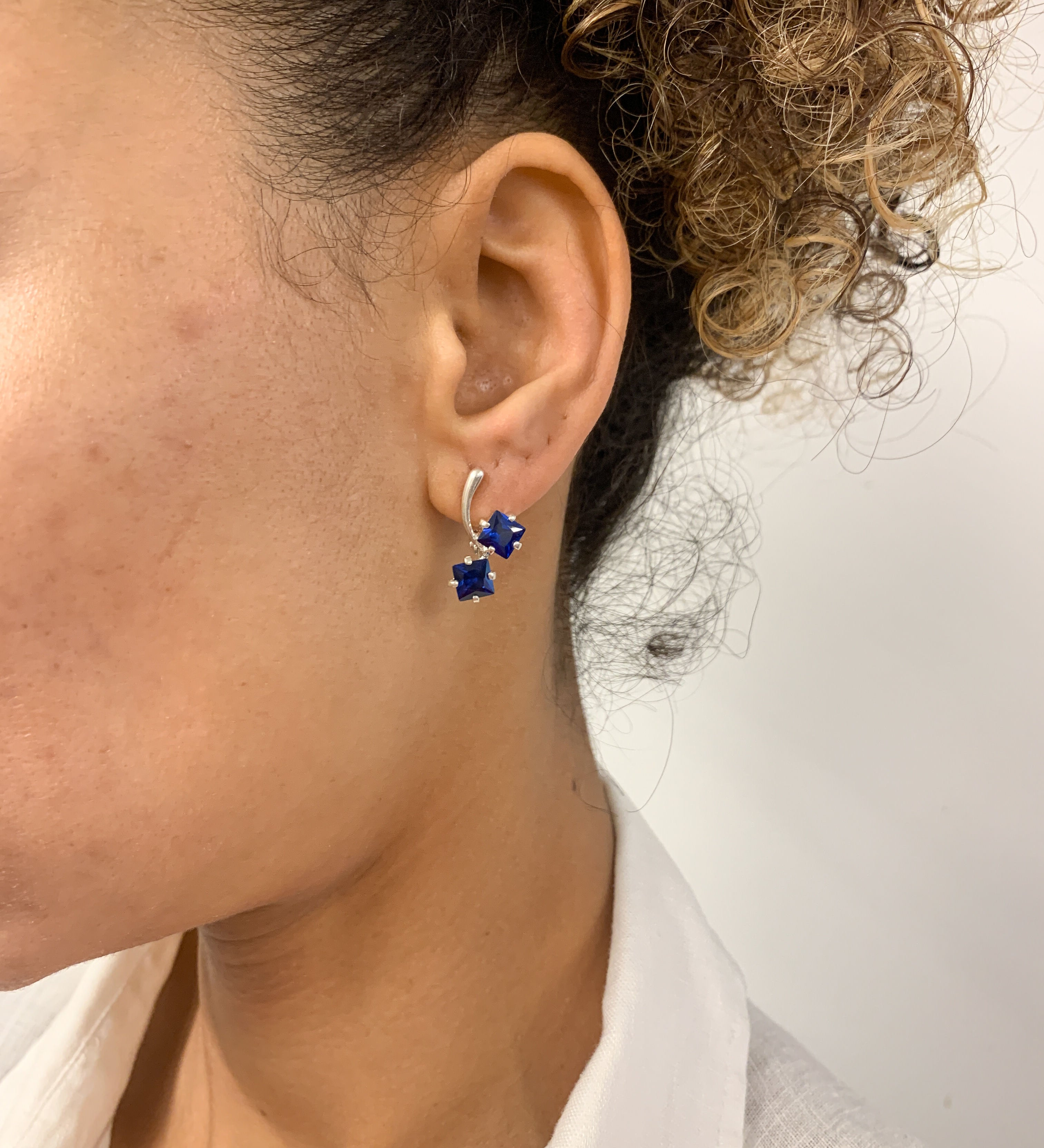 Sapphire earrings in 925 Sterling Silver, featuring a square blue sapphire, perfect for September birthdays and special occasions.