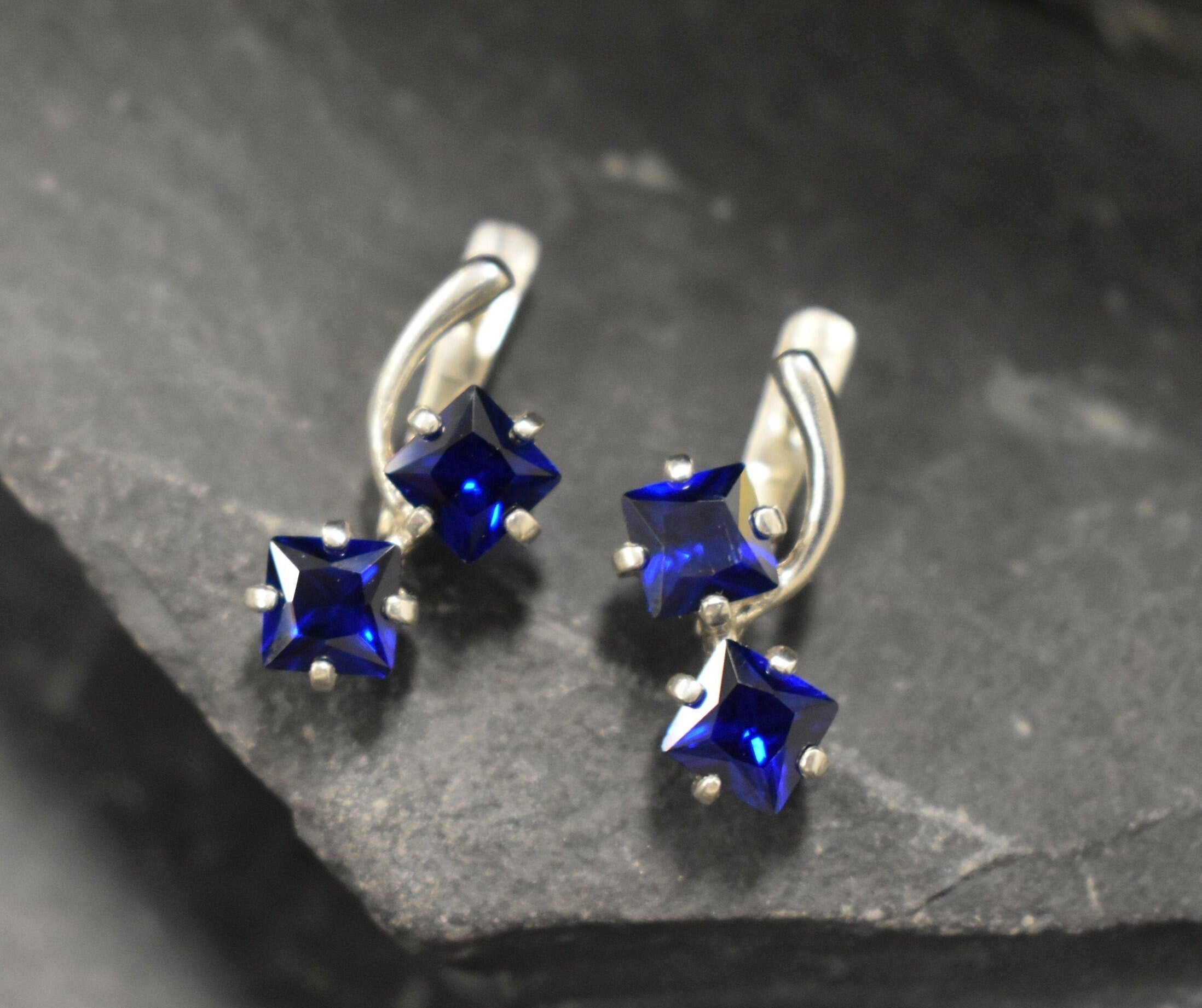Created Sapphire Earrings made in 925 Sterling Silver with Square Created Blue Sapphire in Two-Stone setting, September Birthstone gift idea, symbolizes sincerity, truth, and faithfulness, ideal for everyday wear and perfect for birthday gifting and special occasions.