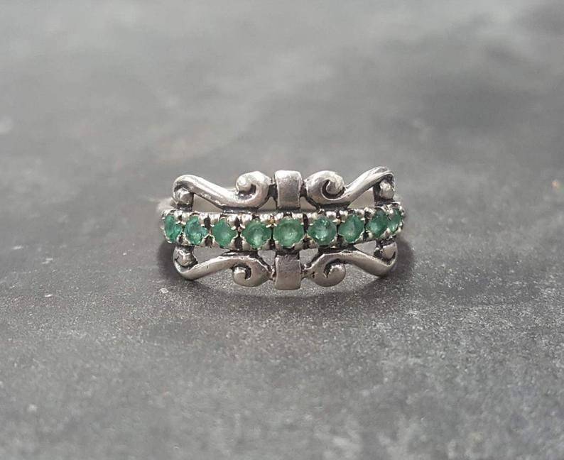 Emerald Tiara Ring, Natural Emerald Band, Vintage Ring, May Birthstone, Ornament Ring, Antique Ring, Green Crown Band, Solid Silver Ring