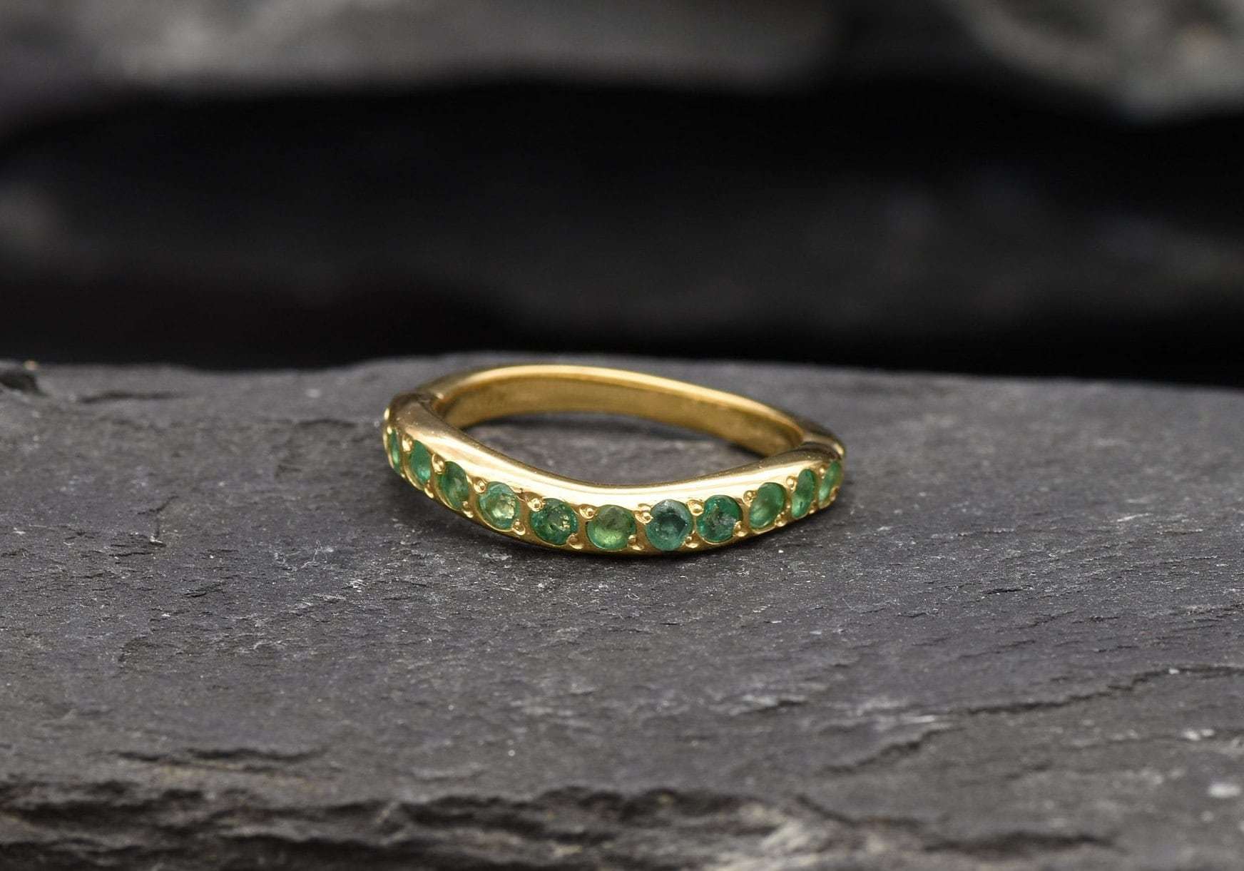 Gold Emerald Ring, Curved Ring, Natural Emerald, May Birthstone, Gold Emerald Band, Half Eternity Ring, Stackable Ring, Gold Vermeil Ring