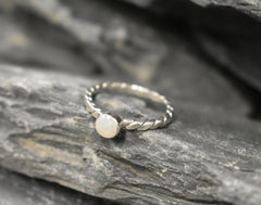 White Opal Solitaire Twisted Band – Elegant October Birthstone Ring – Sterling Silver Dainty Style Band