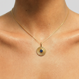 18k gold vermeil coin pendant with blue sapphire spiral, September birthstone necklace on delicate chain