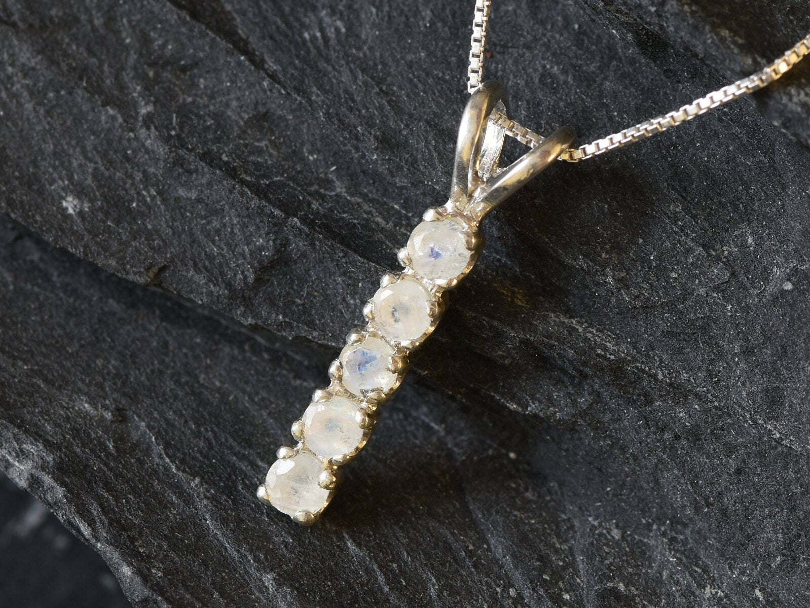 Moonstone Pendant, Minimalistic Bar Pendant, Natural Rainbow Moonstone, June Birthstone, White Pendant, Line Necklace, Solid Silver Pendant