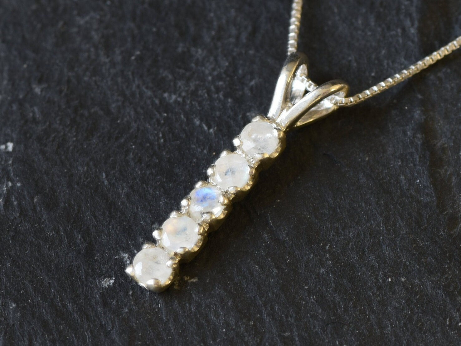 Moonstone Pendant, Minimalistic Bar Pendant, Natural Rainbow Moonstone, June Birthstone, White Pendant, Line Necklace, Solid Silver Pendant