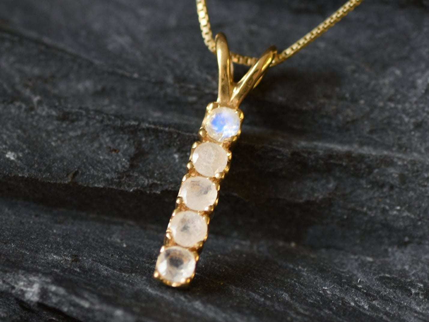 Moonstone Pendant, Minimalistic Bar Pendant, Natural Rainbow Moonstone, June Birthstone, White Pendant, Line Necklace, Solid Silver Pendant(1)