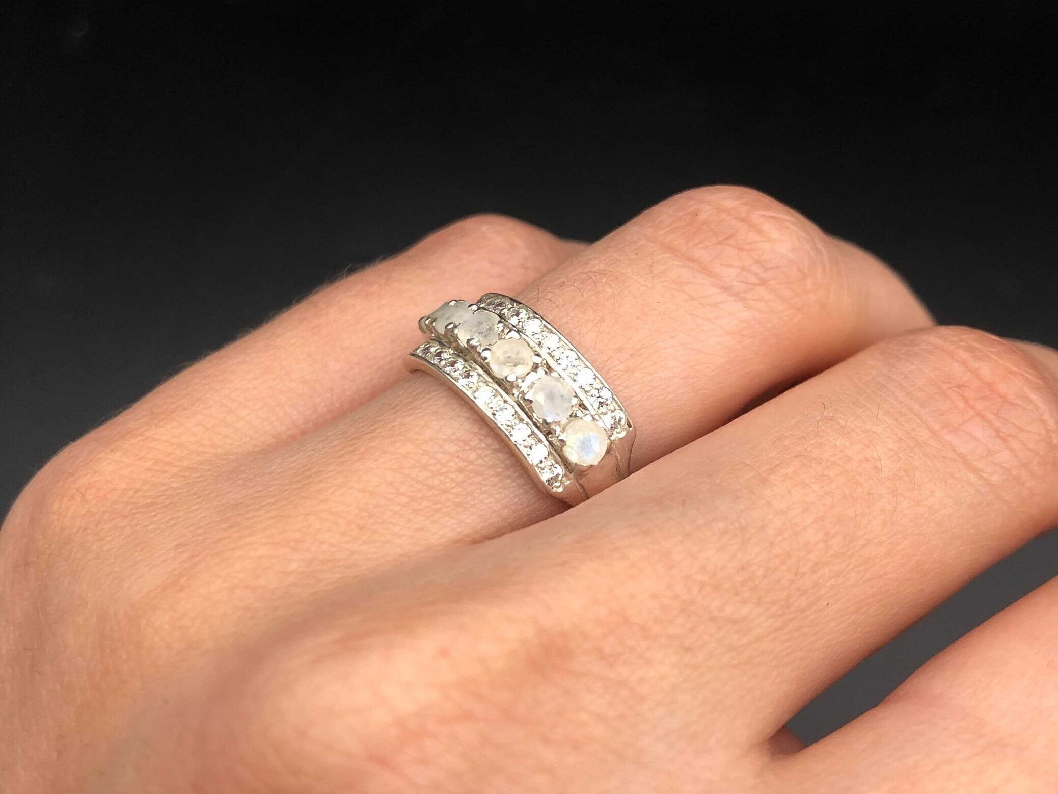 Triple Moonstone Ring, Natural Moonstone, June Birthstone, Triple Band, Moonstone Band, Minimalist Band, 925 Sterling Silver, Moonstone, CZ
