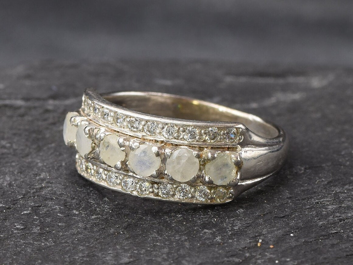 Triple Moonstone Ring, Natural Moonstone, June Birthstone, Triple Band, Moonstone Band, Minimalist Band, 925 Sterling Silver, Moonstone, CZ