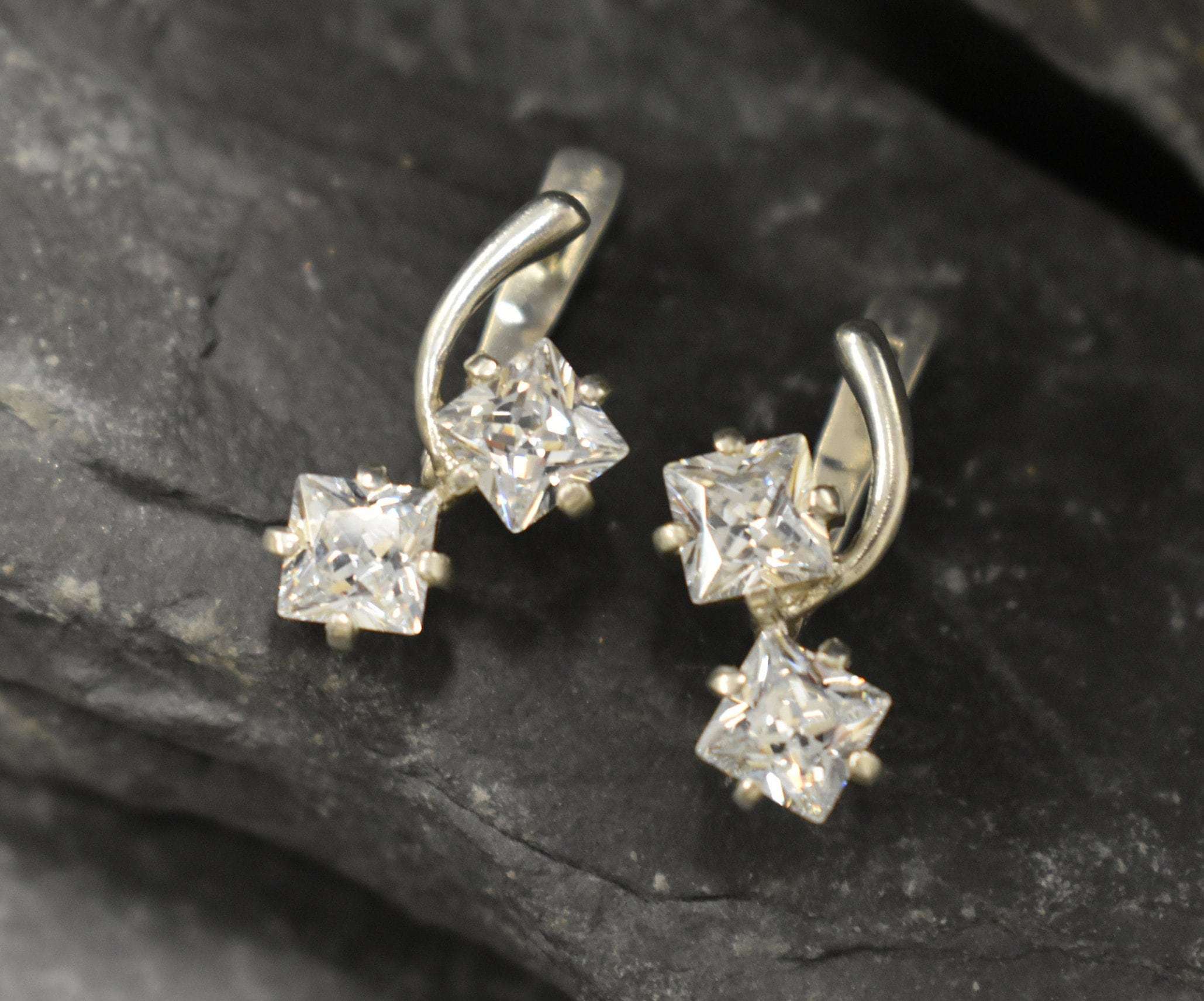 CZ Earrings, Created Diamond, April Birthstone, Asymmetric Earrings, Vintage Earrings, Diamond Earrings, Long Earrings, Silver Earrings, CZ