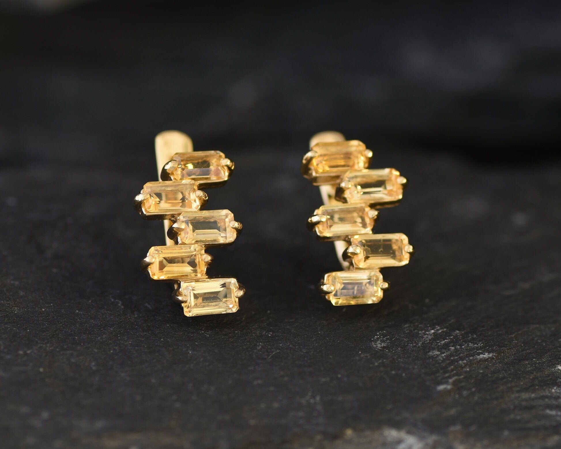 Gold Citrine Earrings, Natural Citrine, November Birthstone, Gold Baguette Earrings, Asymmetric Earrings, Baguette Earrings, Citrine Studs