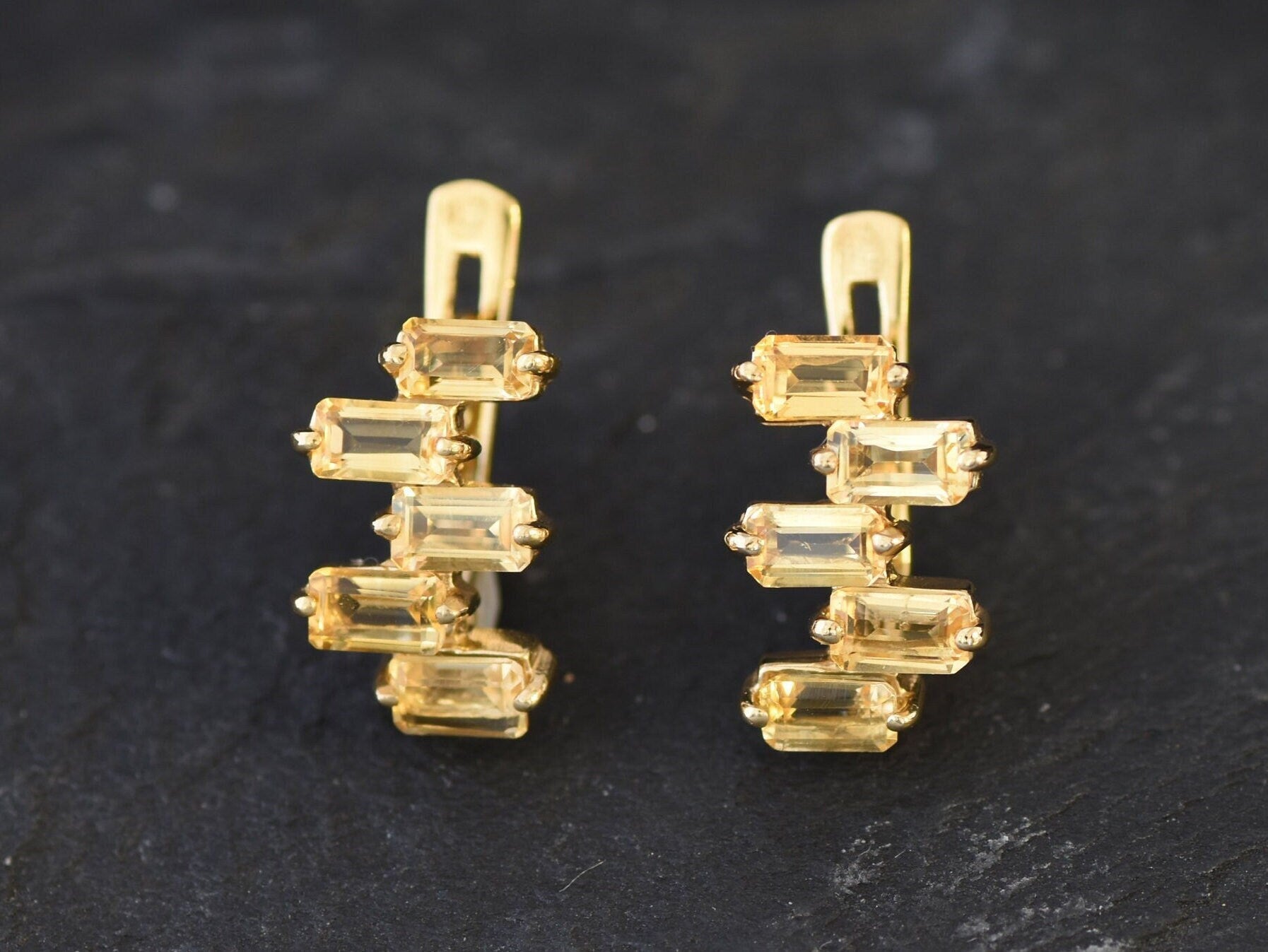 Yellow Baguette Earrings - Natural Citrine Earrings, Staggered Baguette Earrings