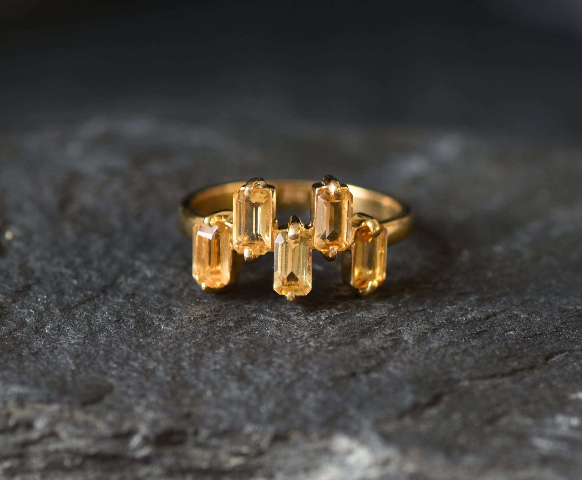 Gold Citrine Ring, Natural Citrine, November Birthstone, Emerald Cut Ring, Baguette Band, Half Eternity Band, Dainty Ring, Vermeil Ring