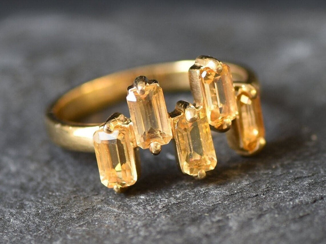 Gold Citrine Ring, Natural Citrine, November Birthstone, Emerald Cut Ring, Baguette Band, Half Eternity Band, Dainty Ring, Vermeil Ring