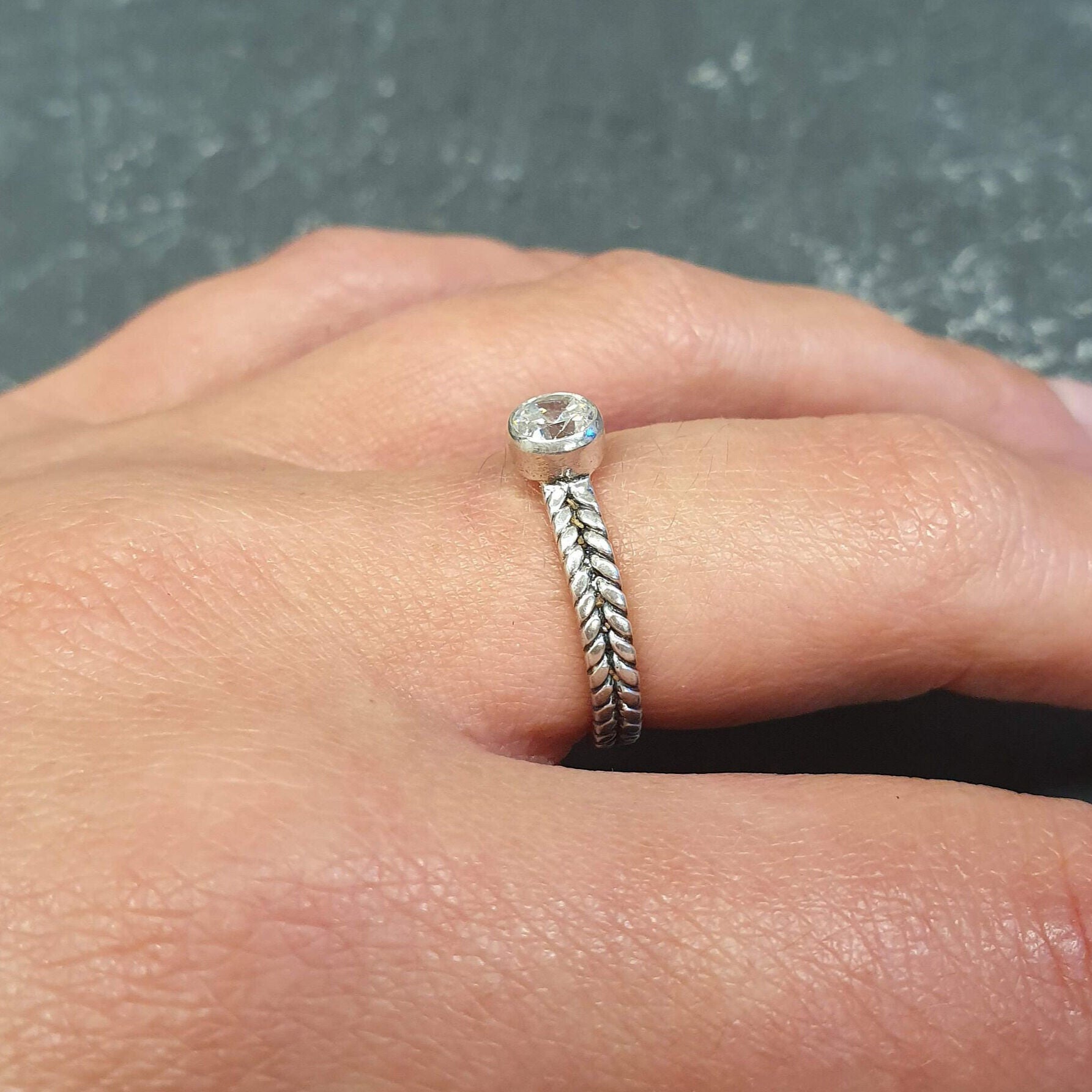 Diamond Ring, Created Diamond Ring, Silver Braided Band, Solitaire Ring, Sparkly Promise Ring, Vintagering, Braided Ring, Solid Silver Ring