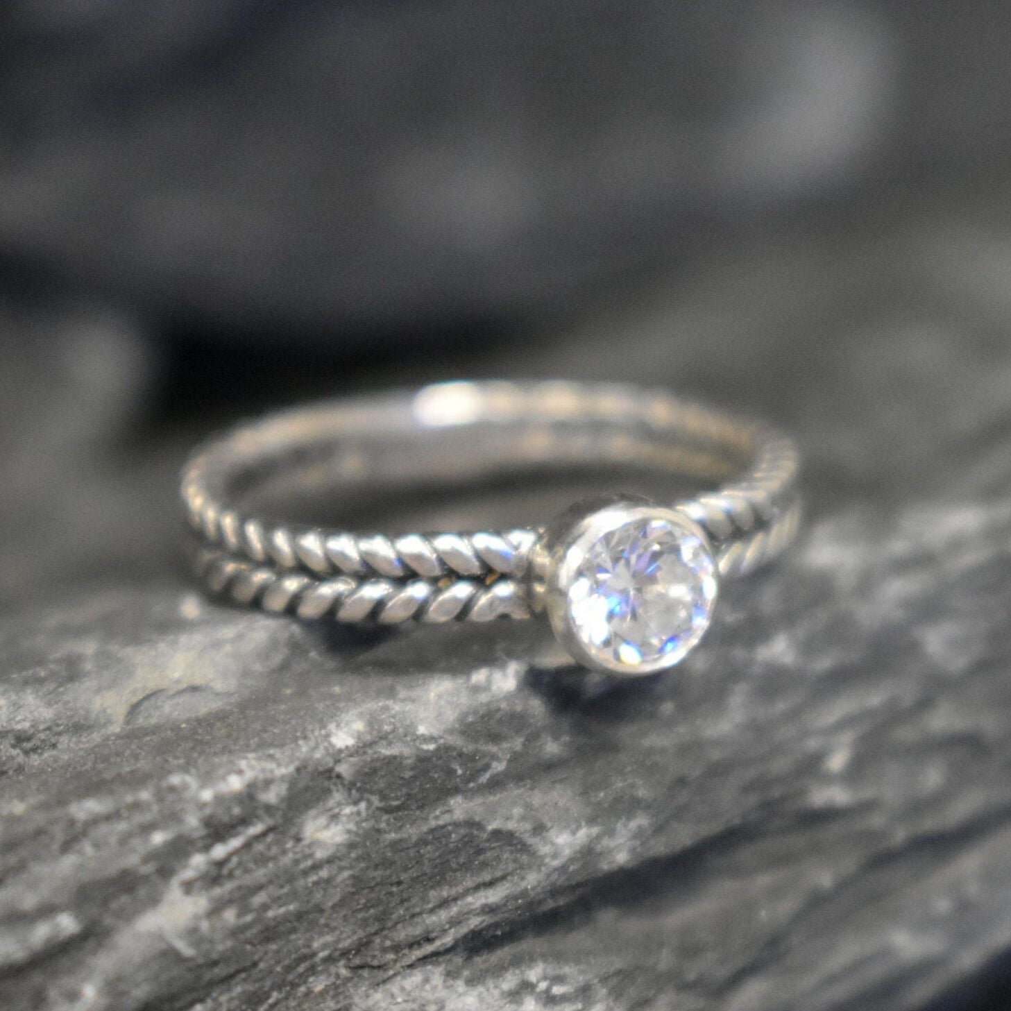 Diamond Ring, Created Diamond Ring, Silver Braided Band, Solitaire Ring, Sparkly Promise Ring, Vintagering, Braided Ring, Solid Silver Ring