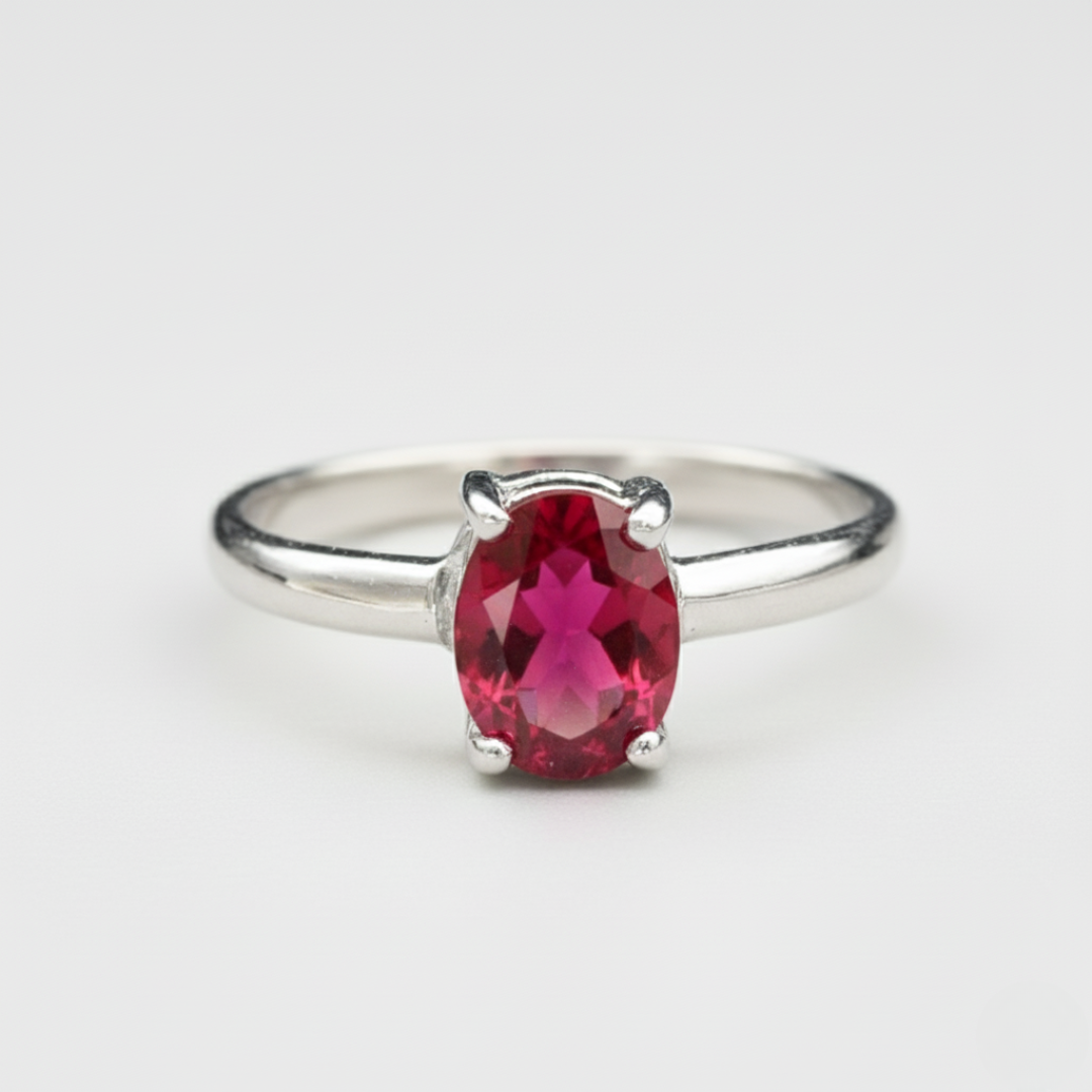 Stunning 925 Sterling Silver ring featuring an Oval Created Red Ruby, a meaningful July birthstone for cherished moments.