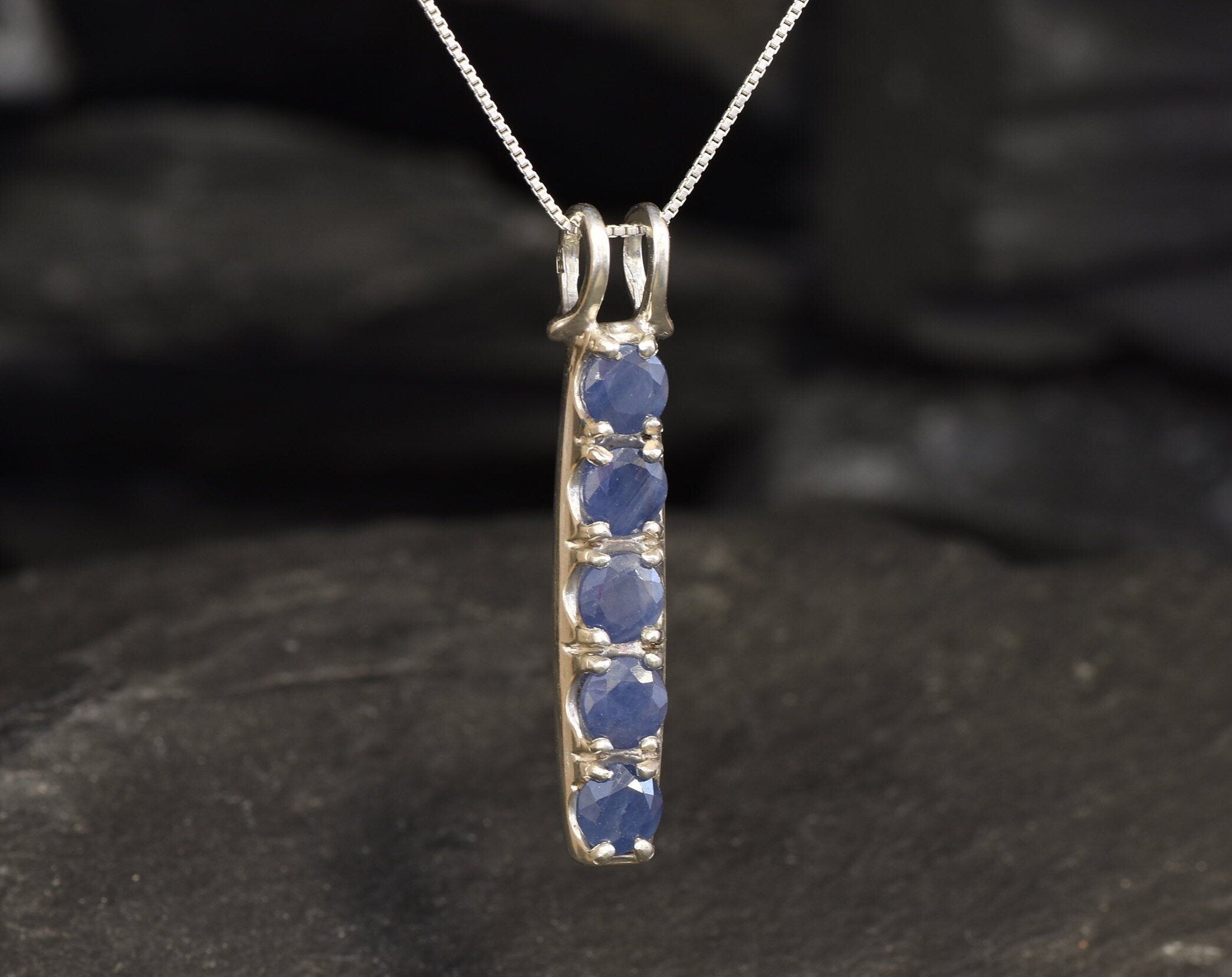 Elegant Vertical Sapphire Pendant Necklace in 925 Sterling Silver, perfect for layering and celebrating September birthdays.