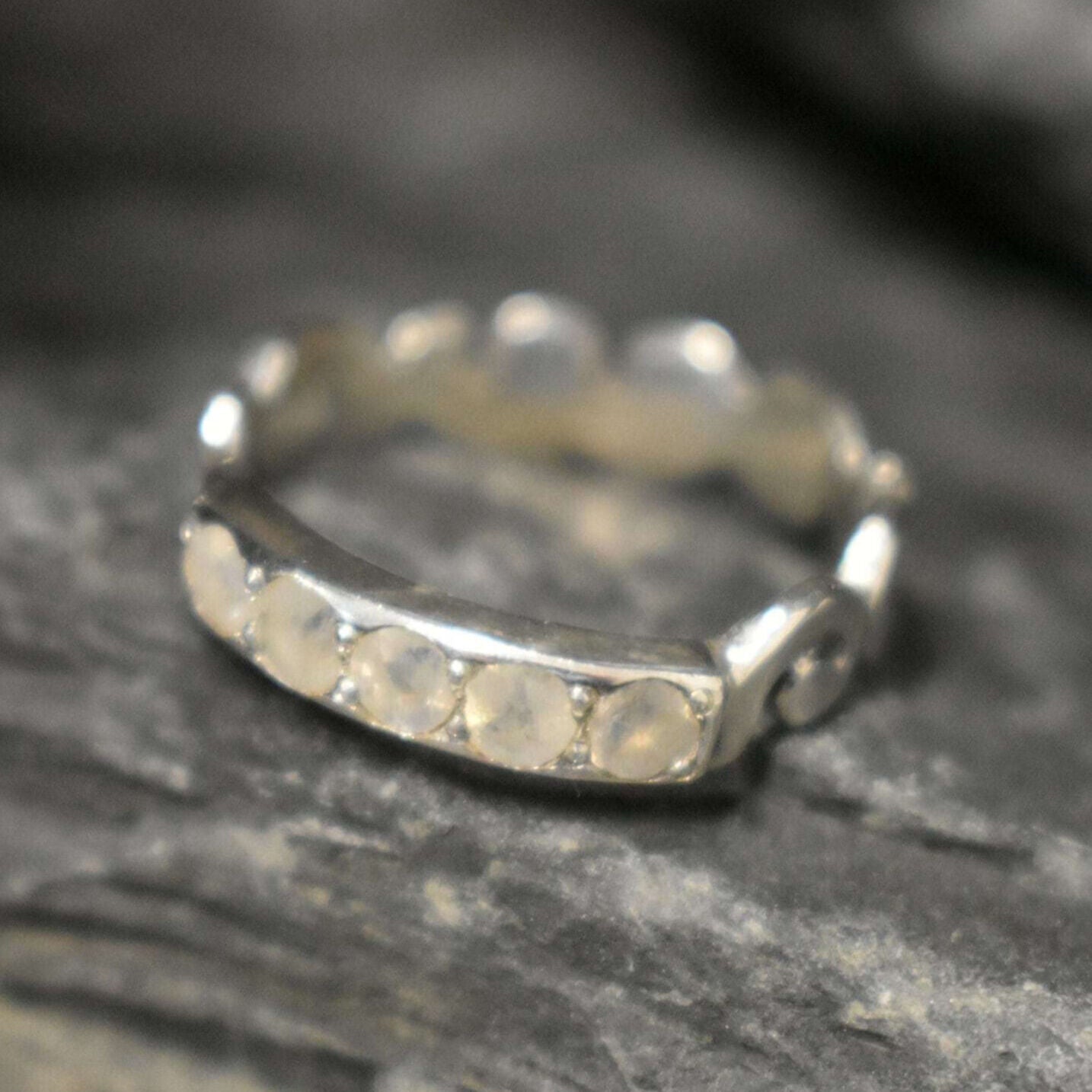 Half Eternity Band, Moonstone Band, Natural Moonstone, June Birthstone, Silver Wave Band, Moonstone Ring, Rainbow Moonstone, 925 Silver Ring