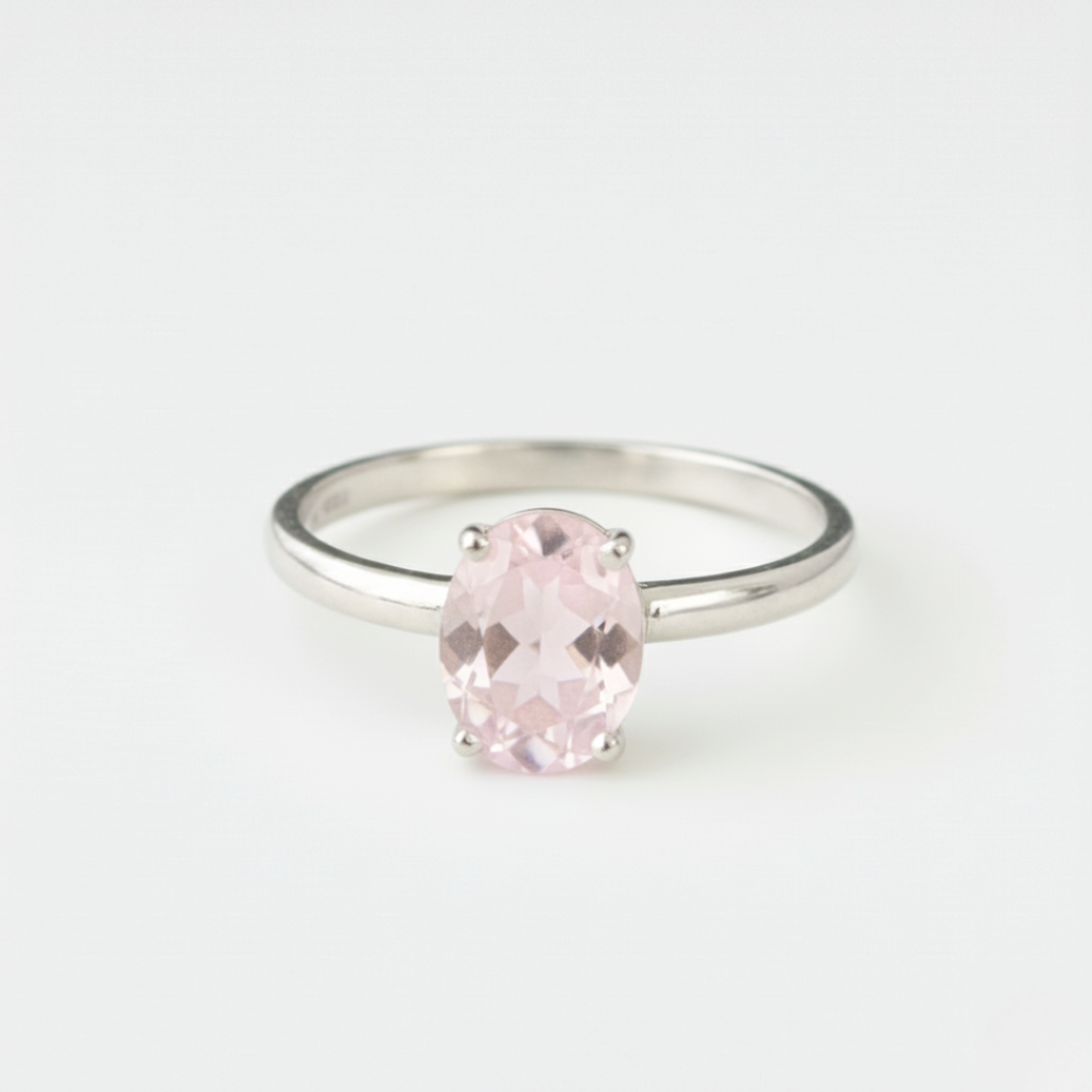 Stunning Rose Quartz Ring featuring a delicate pink oval stone in 925 Sterling Silver, perfect for any occasion and stylish daily wear.