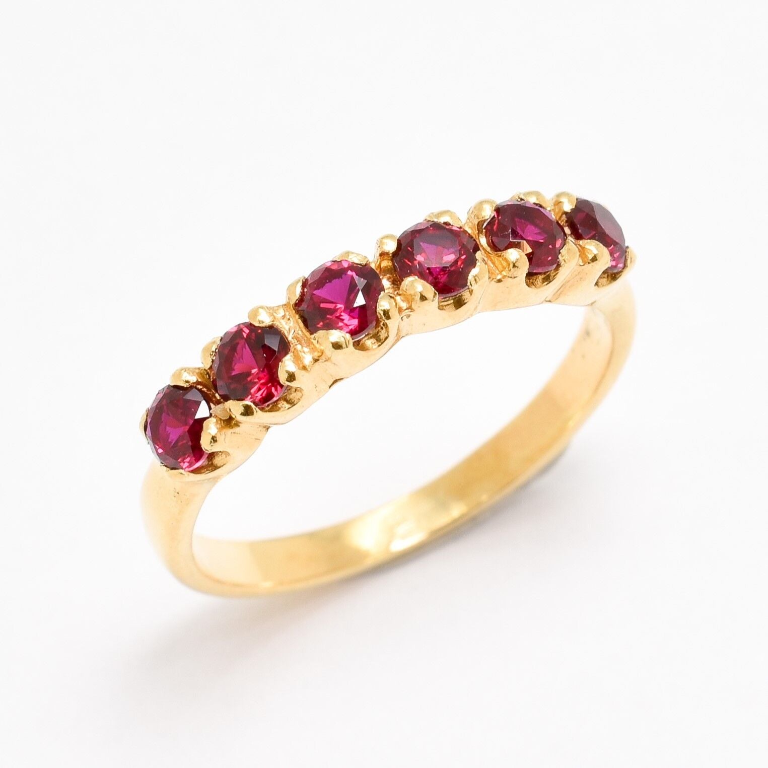 Created Ruby Ring made in 18k Gold Vermeil with Round Created Red Ruby in Channel-Set setting, July Birthstone gift idea, symbolizes nobility, purity, and passion, ideal for everyday wear and perfect for birthday gifting and special occasions.