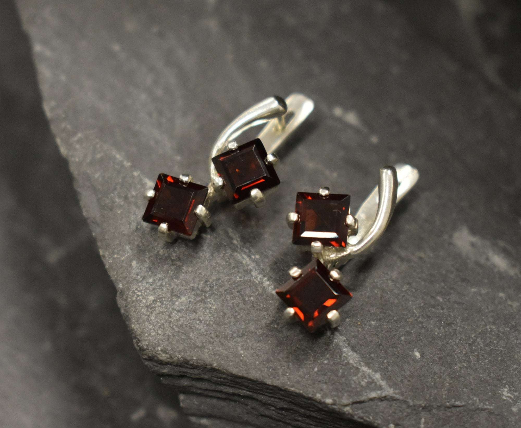 Garnet Earrings, Two Stone Earrings, Asymmetric Earrings, Natural Garnet, January Birthstone, Red Earrings, Geometric Earrings, Silver Ring