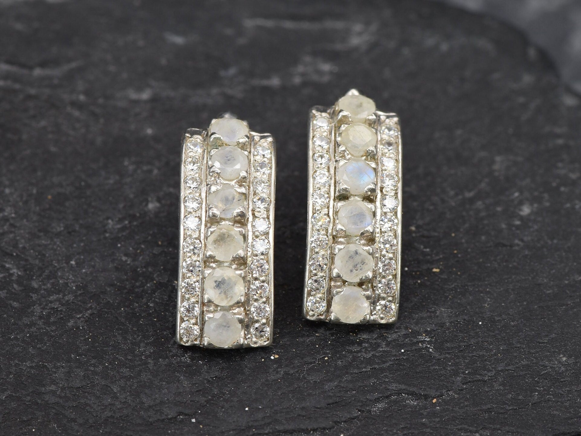 Moonstone Earrings, Vintage Earrings, June Birthstone, Natural Moonstone, Rainbow Moonstone, Victorian Earrings, June Earrings, Solid Silver