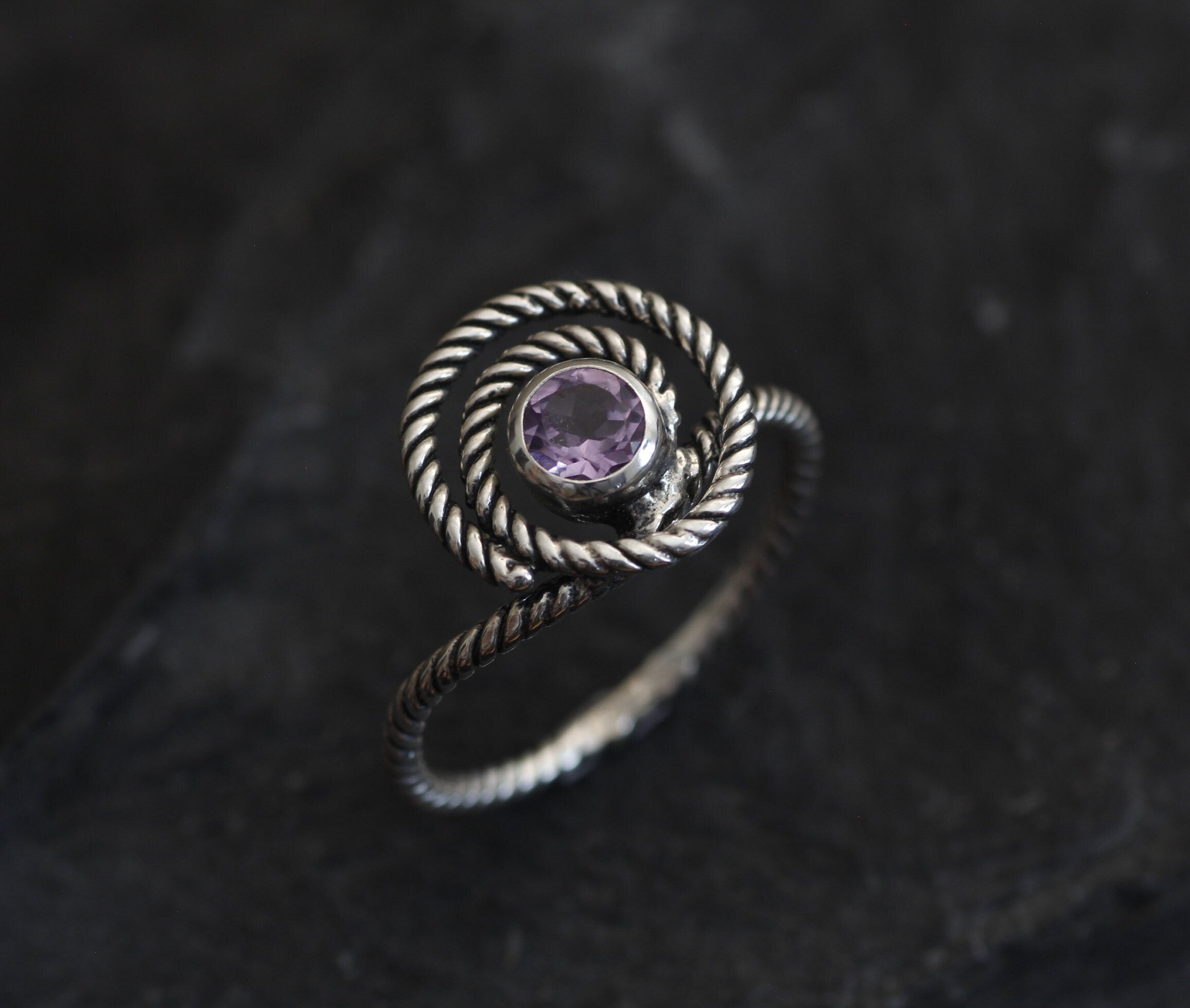 Infinity Ring, Amethyst Ring, Swirl Ring, Natural Amethyst, February Birthstone, Spiral Ring, Boho Ring, Rope Round Ring, Solid Silver Ring