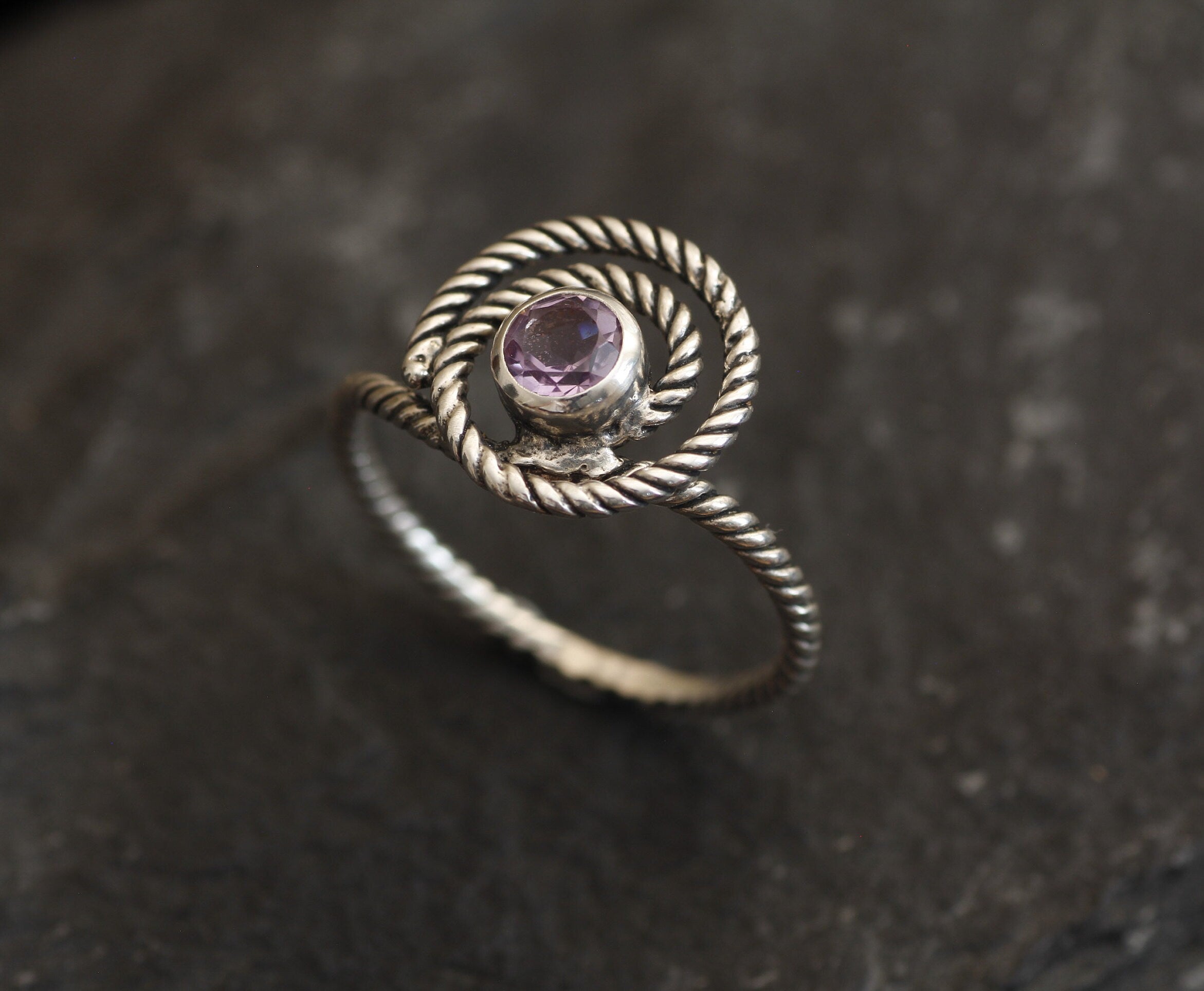 Infinity Ring, Amethyst Ring, Swirl Ring, Natural Amethyst, February Birthstone, Spiral Ring, Boho Ring, Rope Round Ring, Solid Silver Ring