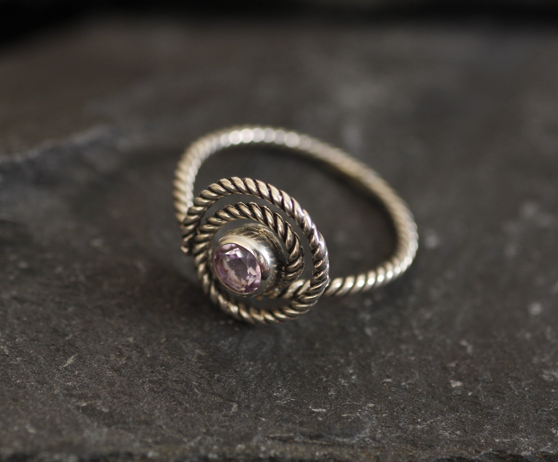 Infinity Ring, Amethyst Ring, Swirl Ring, Natural Amethyst, February Birthstone, Spiral Ring, Boho Ring, Rope Round Ring, Solid Silver Ring