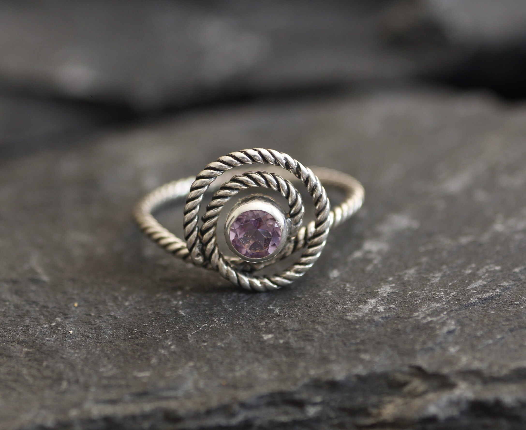 Infinity Ring, Amethyst Ring, Swirl Ring, Natural Amethyst, February Birthstone, Spiral Ring, Boho Ring, Rope Round Ring, Solid Silver Ring