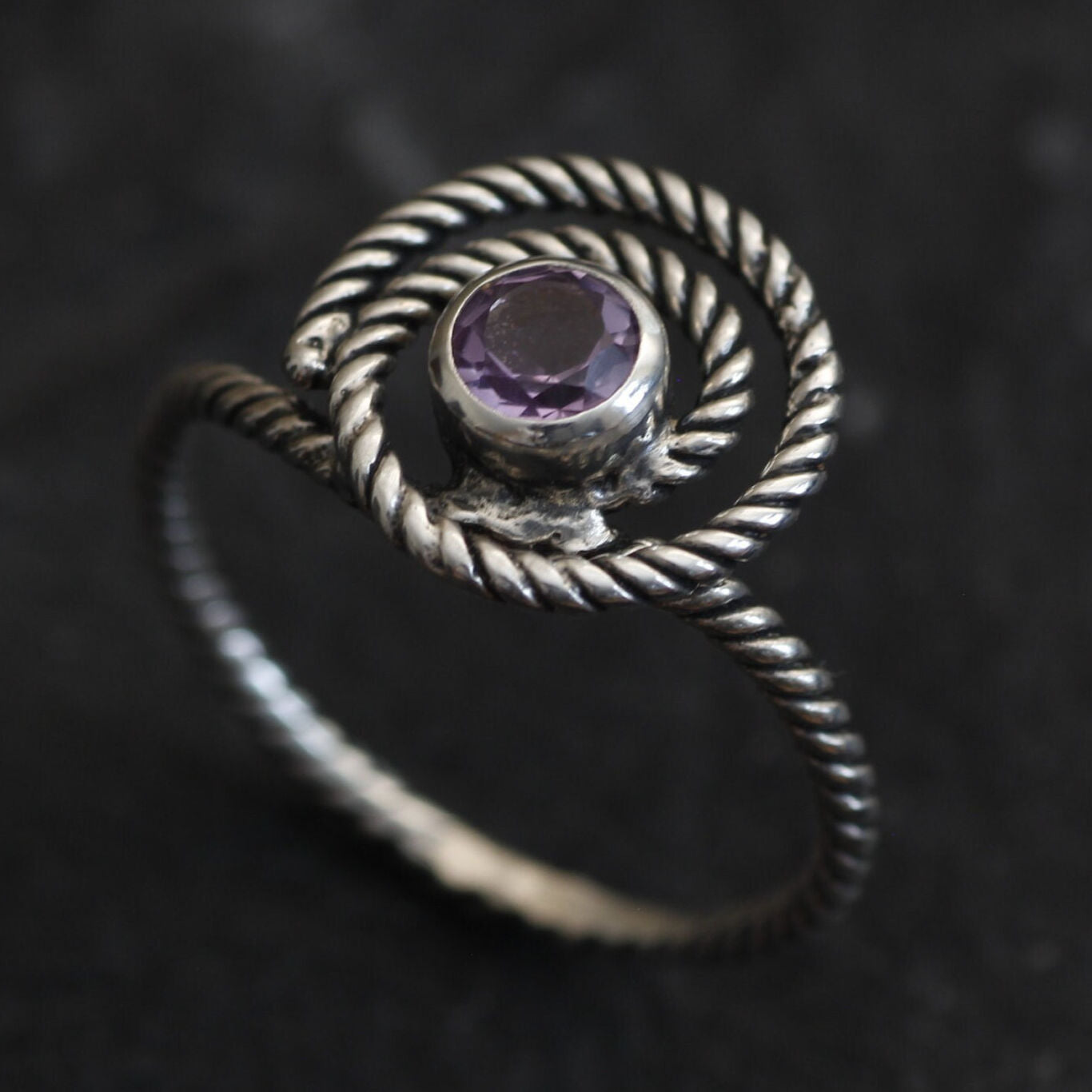 Infinity Ring, Amethyst Ring, Swirl Ring, Natural Amethyst, February Birthstone, Spiral Ring, Boho Ring, Rope Round Ring, Solid Silver Ring