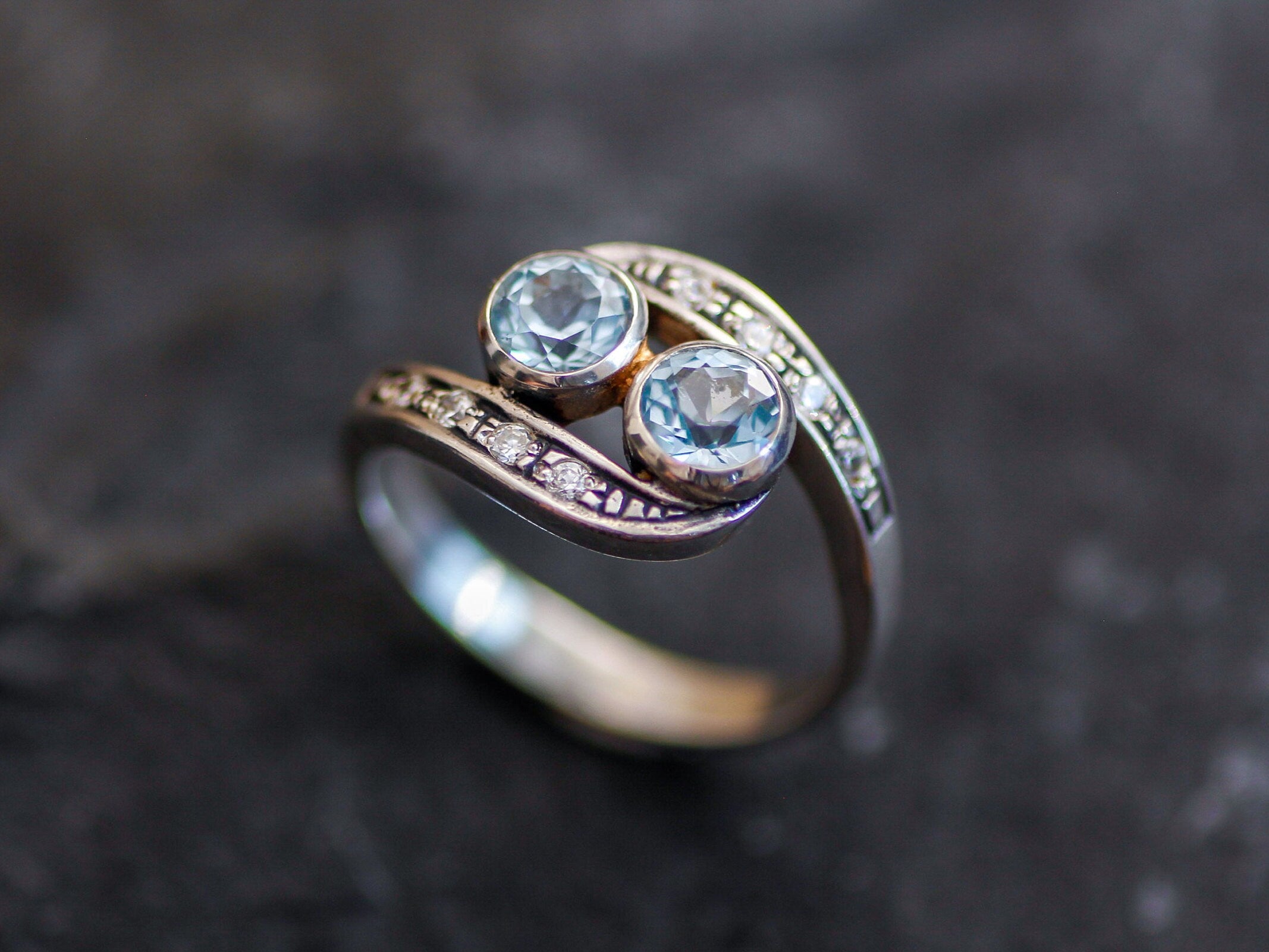 Blue Topaz Ring, Natural Blue Topaz, Bypass Ring, Vintage Ring, December Birthstone, 2 Stone Ring, Antique Ring, Bohemian Ring, Silver Ring