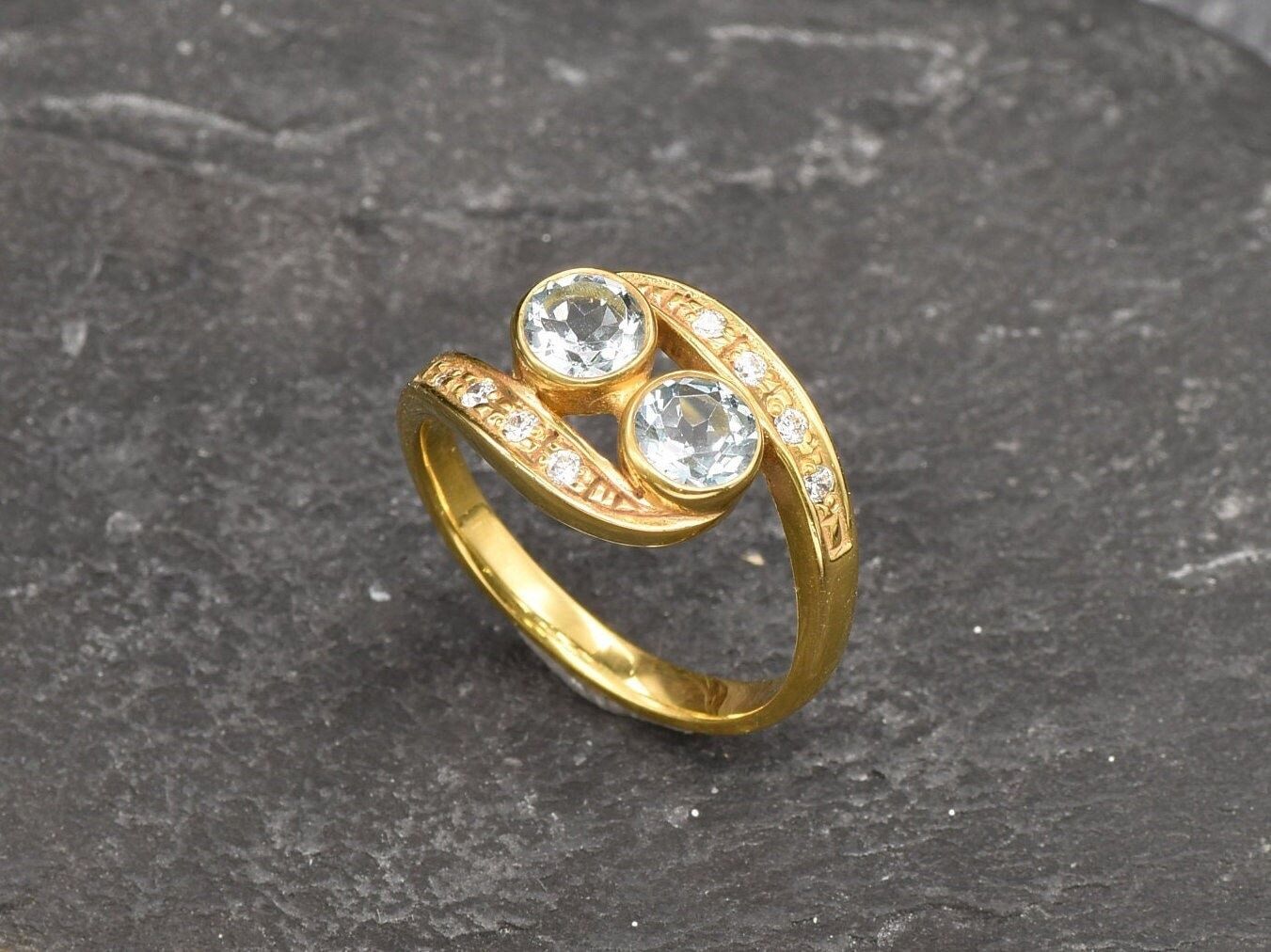 Blue Topaz Ring, Natural Blue Topaz, Bypass Ring, Vintage Ring, December Birthstone, 2 Stone Ring, Antique Ring, Bohemian Ring, Silver Ring(1)