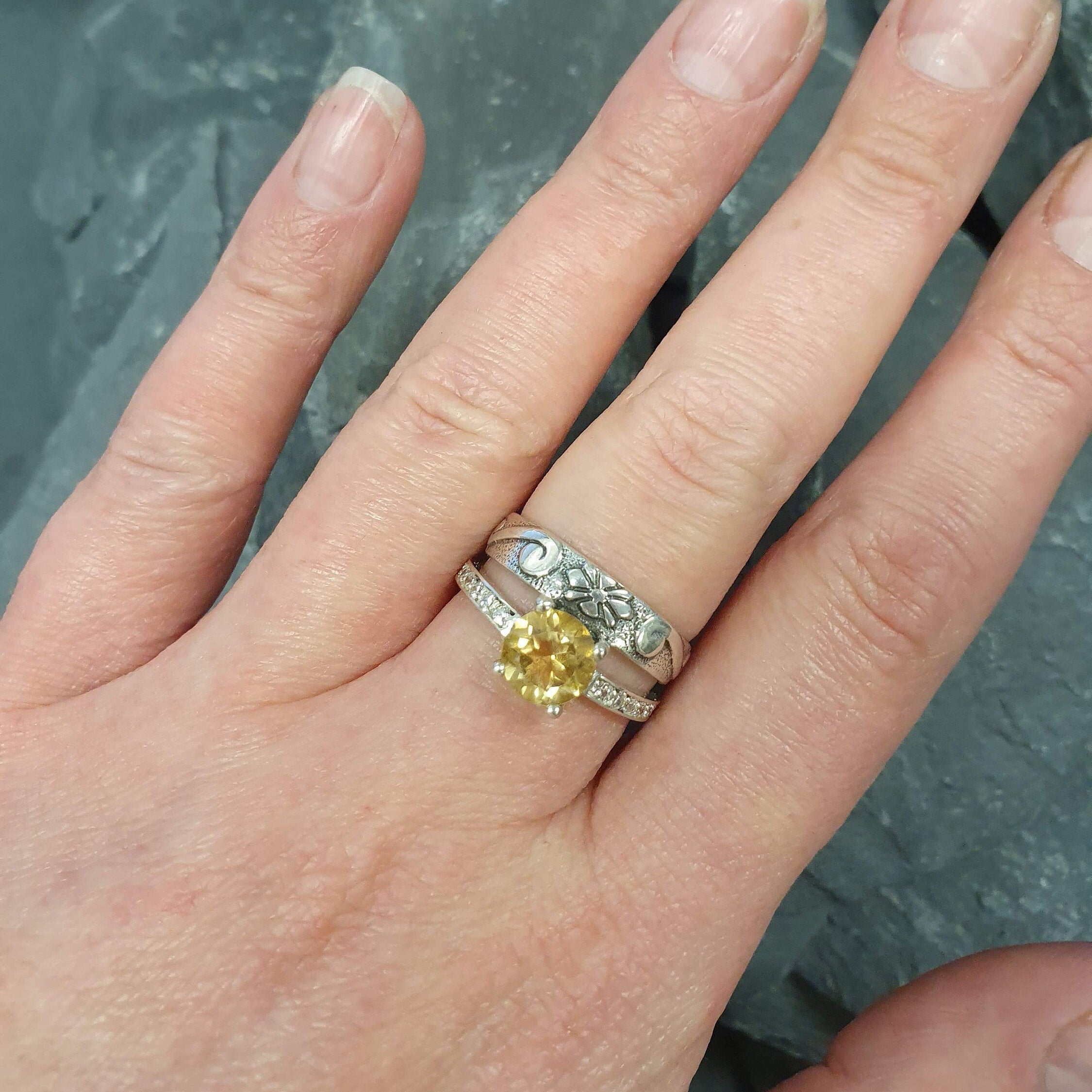 Citrine Ring, Double Ring, Natural Citrine, November Birthstone, Double Band Ring, Vintage Ring, Yellow Diamond Ring, Wide Ring, Silver Ring