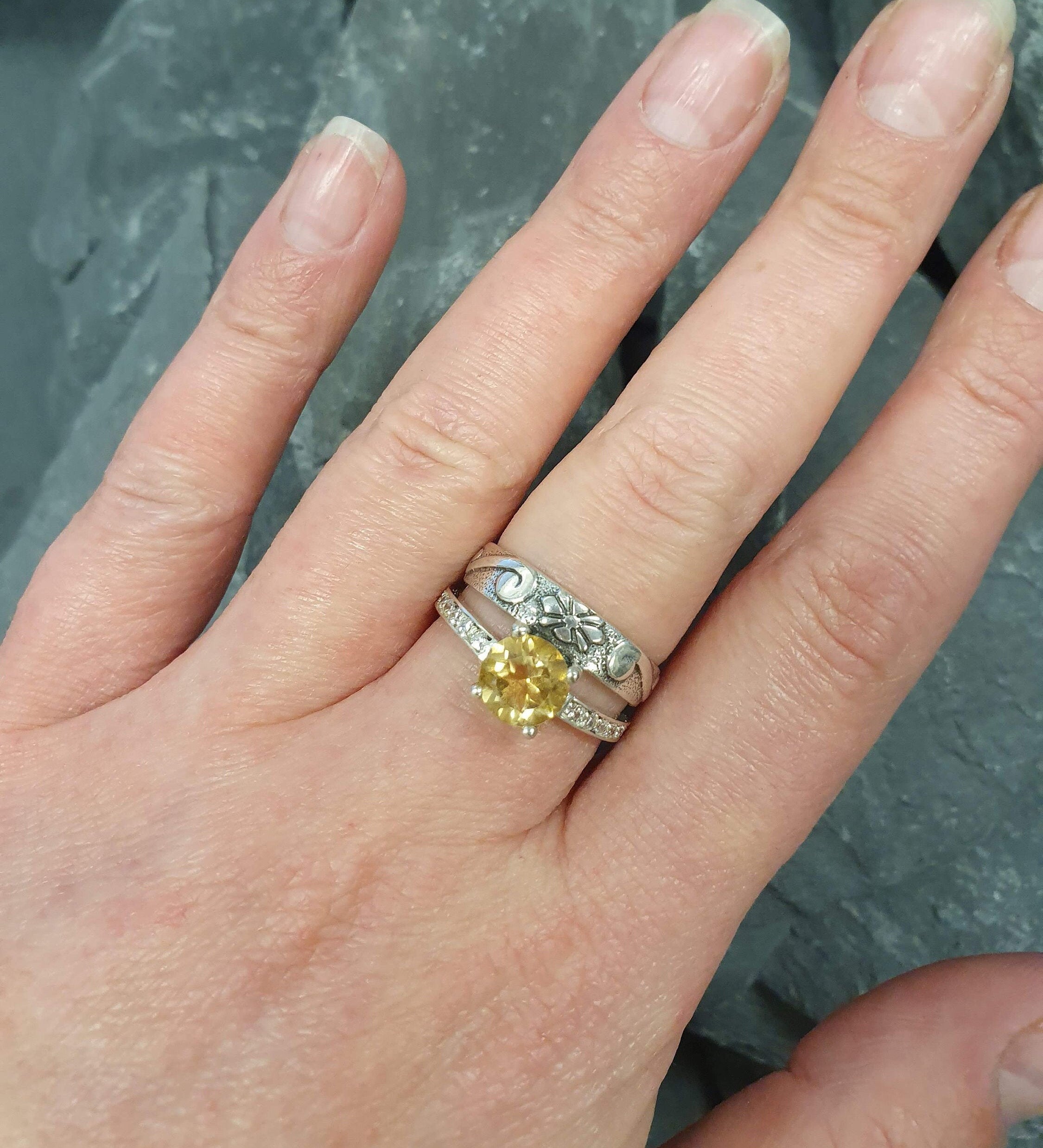 Citrine Ring, Double Ring, Natural Citrine, November Birthstone, Double Band Ring, Vintage Ring, Yellow Diamond Ring, Wide Ring, Silver Ring
