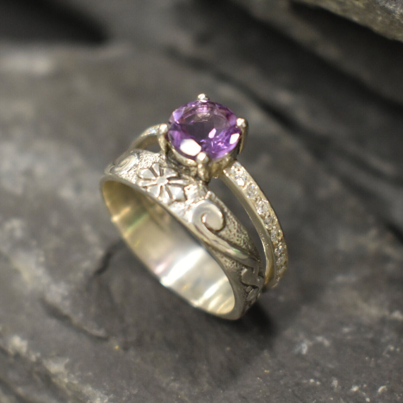 Amethyst Ring, Natural Amethyst, February Birthstone, Double Band Ring, Purple Diamond Ring, Vintage Ring, Sparkly Ring, Wide Band Ring