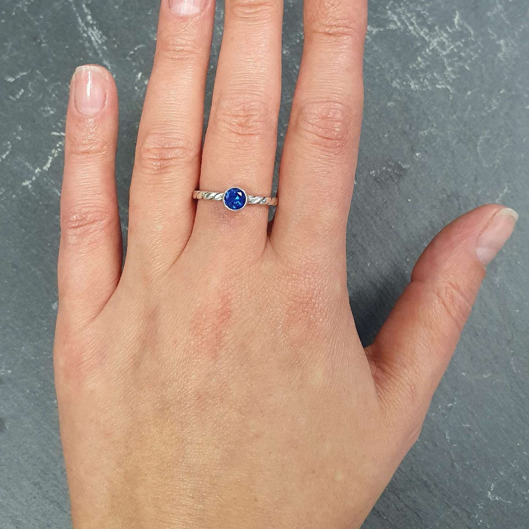 Sapphire Ring, Created Sapphire, Blue Solitaire Ring, Dainty Ring, Stackable Ring, Royal Blue Ring, Intertwined Rope Band, Solid Silver Ring